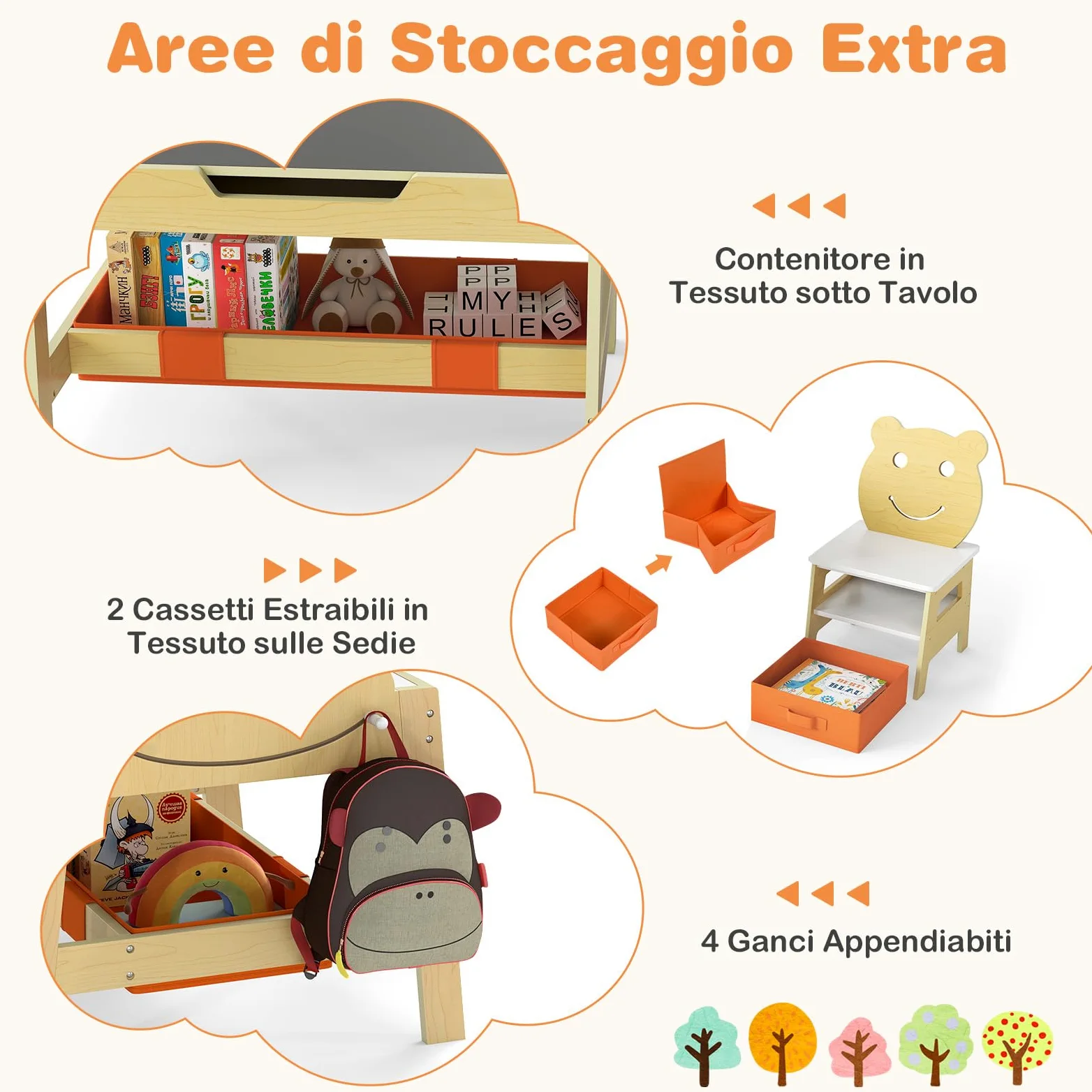 COSTWAY Set Tavolo e 2 Sedie per Bambini, 5 in 1 Tavolino e Sedie con 4 Ganci, 3 Scatole in Tessuto e Lavagna Reversibile per Bambini 3+ Anni per Cameretta Ragazzi (Naturale, Stile 5)