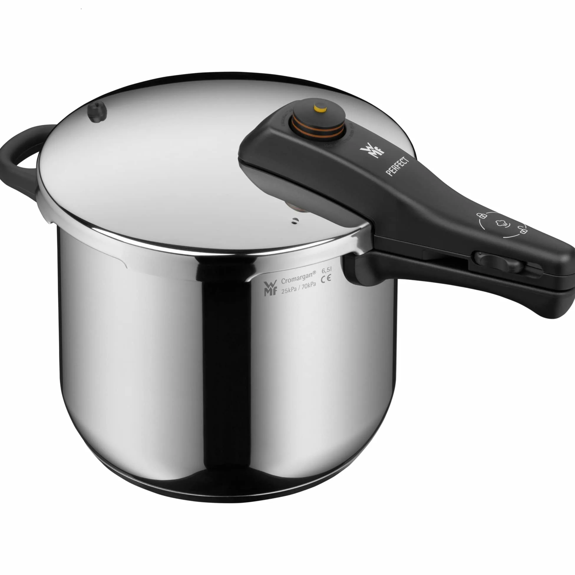 WMF Perfect - Pentola a pressione a induzione, 6,5 l, grande segnale di cottura, 2 livelli di cottura, manico con coperchio rimovibile, acciaio INOX Cromargan