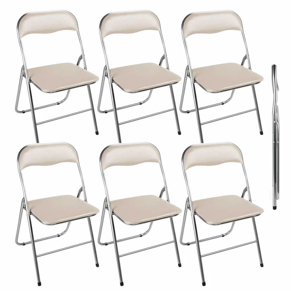Set 6 Sedie Pieghevoli Imbottite - Seduta Comoda, Portatile, Struttura in Metallo, Slim, Salvaspazio, Resistenti, per Casa, Campeggio, Ufficio - da Interno, Esterno (Beige, Similpelle)