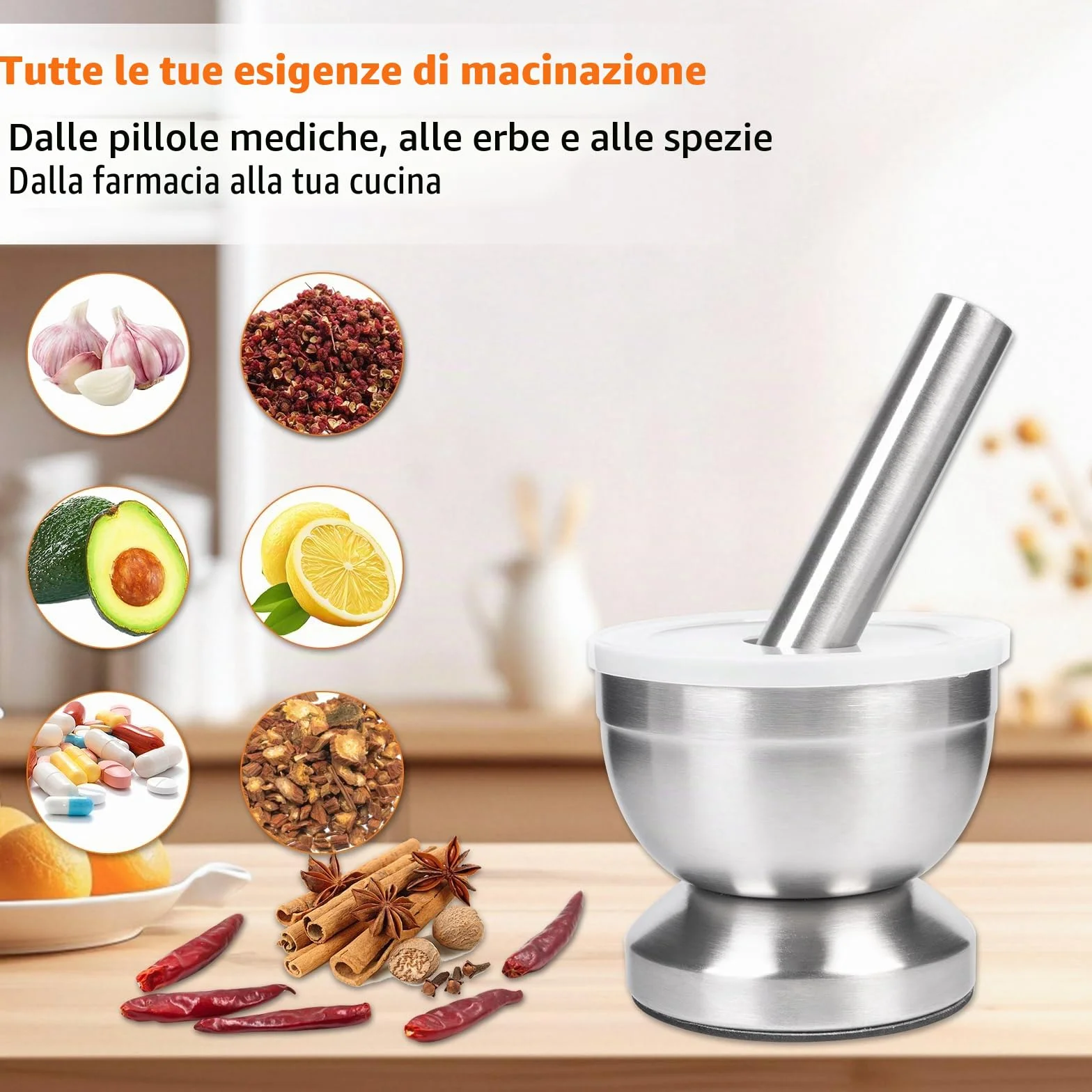 Mortaio con pestello in acciaio inox 250ml per aglio erbe spezie da cucina