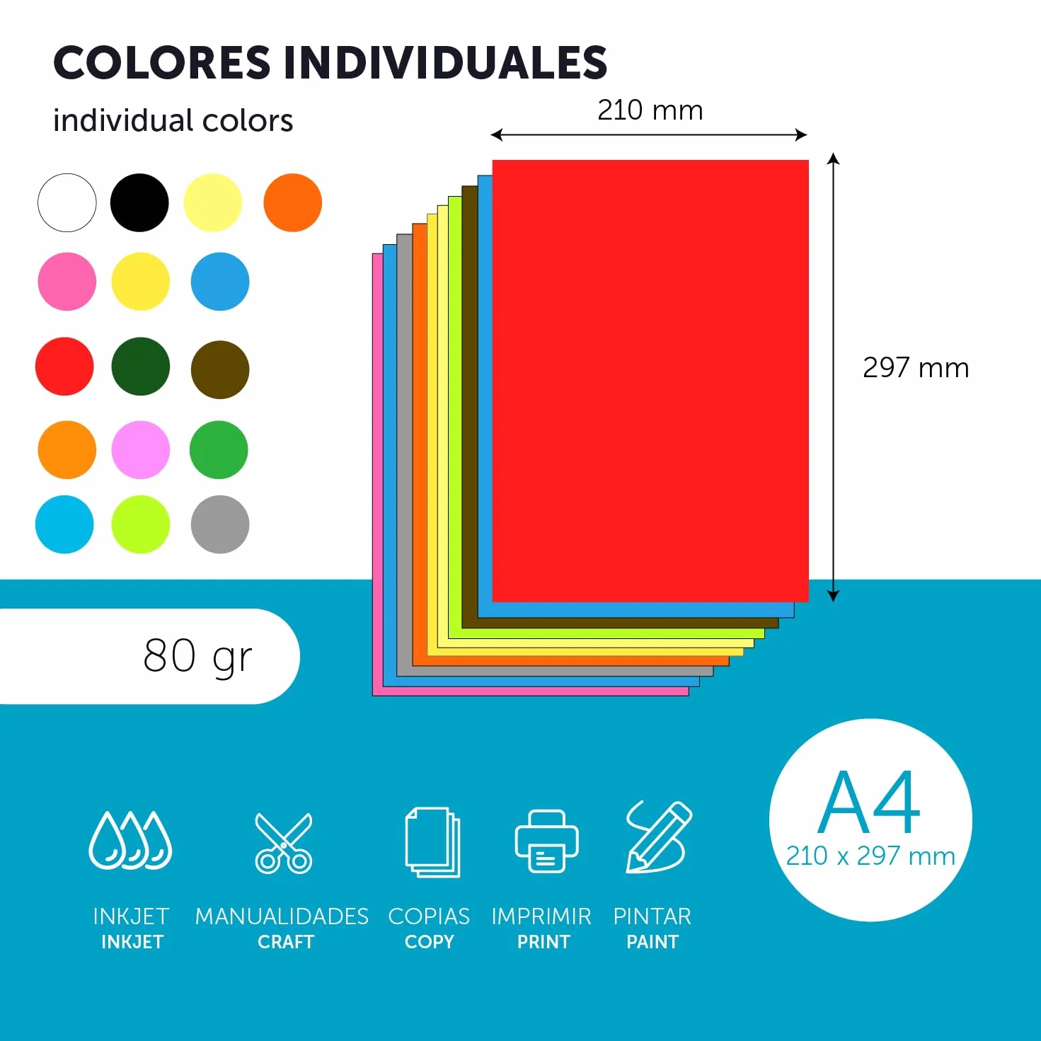 Fogli Colorati A4 80g per Stampanti, Blocco Carta Assortita 50 fogli Nero M-Office