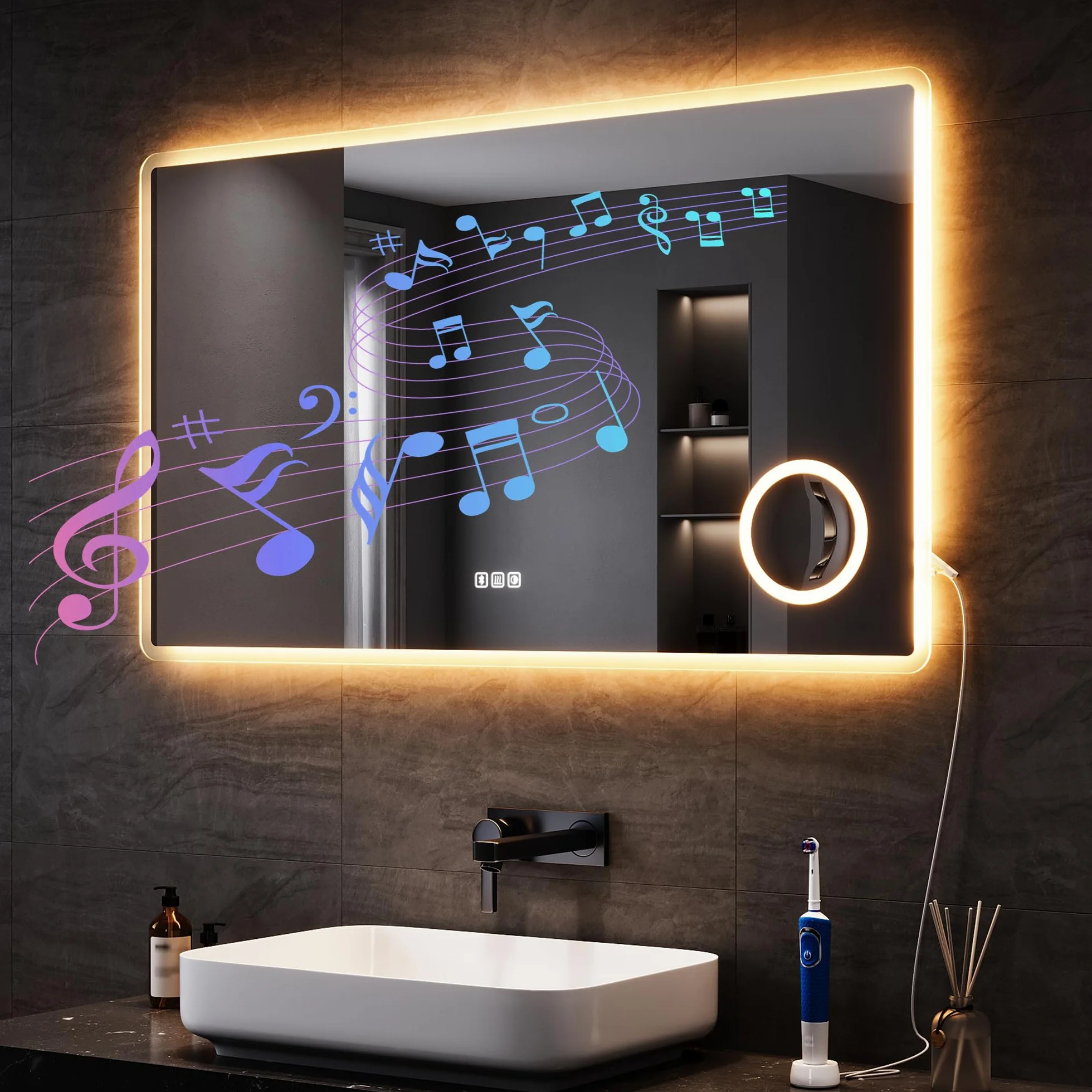 SONNI Specchio da bagno a LED con Bluetooth, 100 x 60 cm, specchio da bagno con illuminazione e touch, presa elettrica, 3 colori di luce, anti-appannamento e funzione di memoria, ingrandimento 3 x