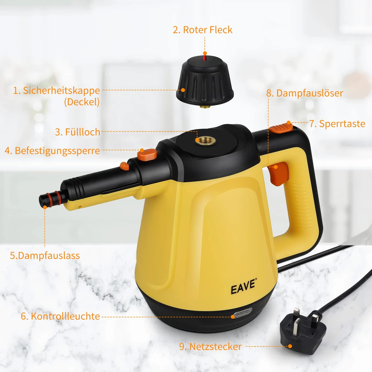 EAVE Pulitore a Vapore Portatile, 110℃ Vaporetto Portatile per una Pulizia Efficiente, Versatile Vaporetto con 10 Accessori e un Cavo 5 m, per Divani, Tappeti, Fessure, Pulizia Senza Chimica (Giallo)