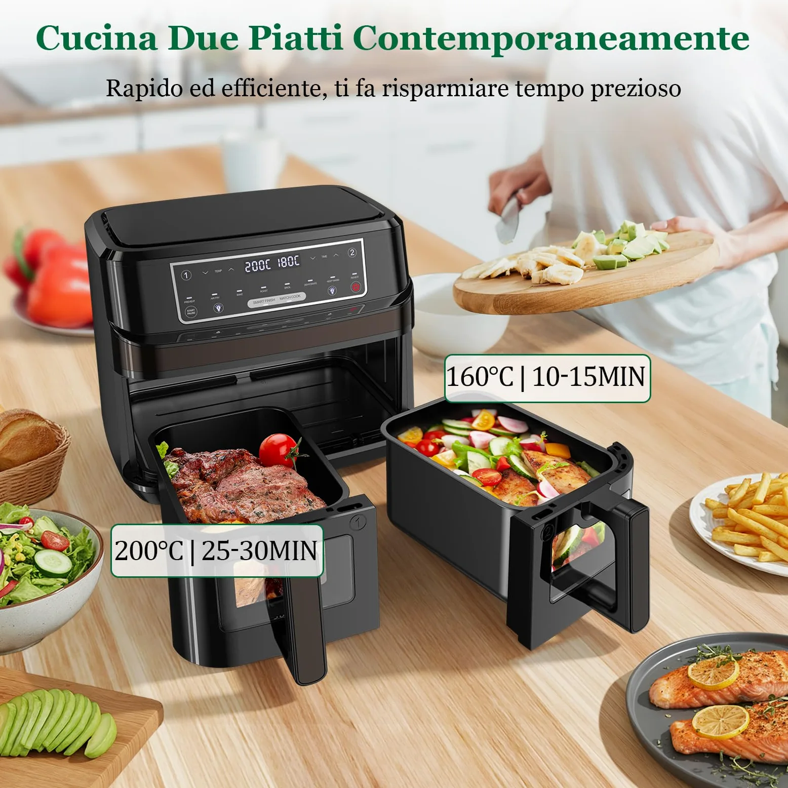 Friggitrice ad Aria Doppio Cestello | 10L Friggitrice Aria con Finestra Osserv Indipendente Temperatura, 8-in-1 Air Fryer Controllo Touch 50-200℃, Air Fryer Grande 2600W Luce Integrata Timer