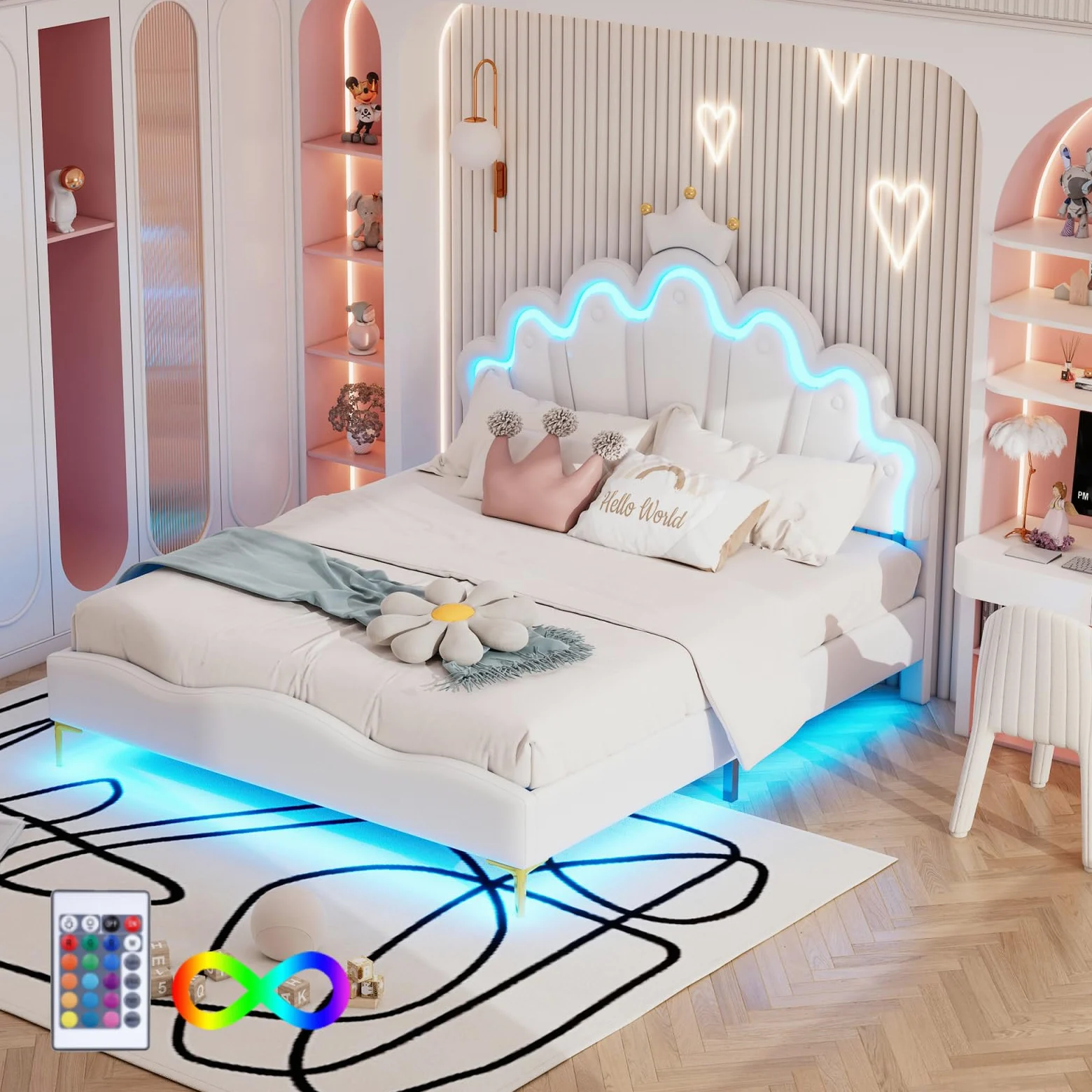 Letto per bambini imbottito 140x200 cm con LED, letto doppio per ragazza adolescente, testiera regolabile in altezza, design a forma di corona, rete a doghe, PU, senza materasso (bianco LED