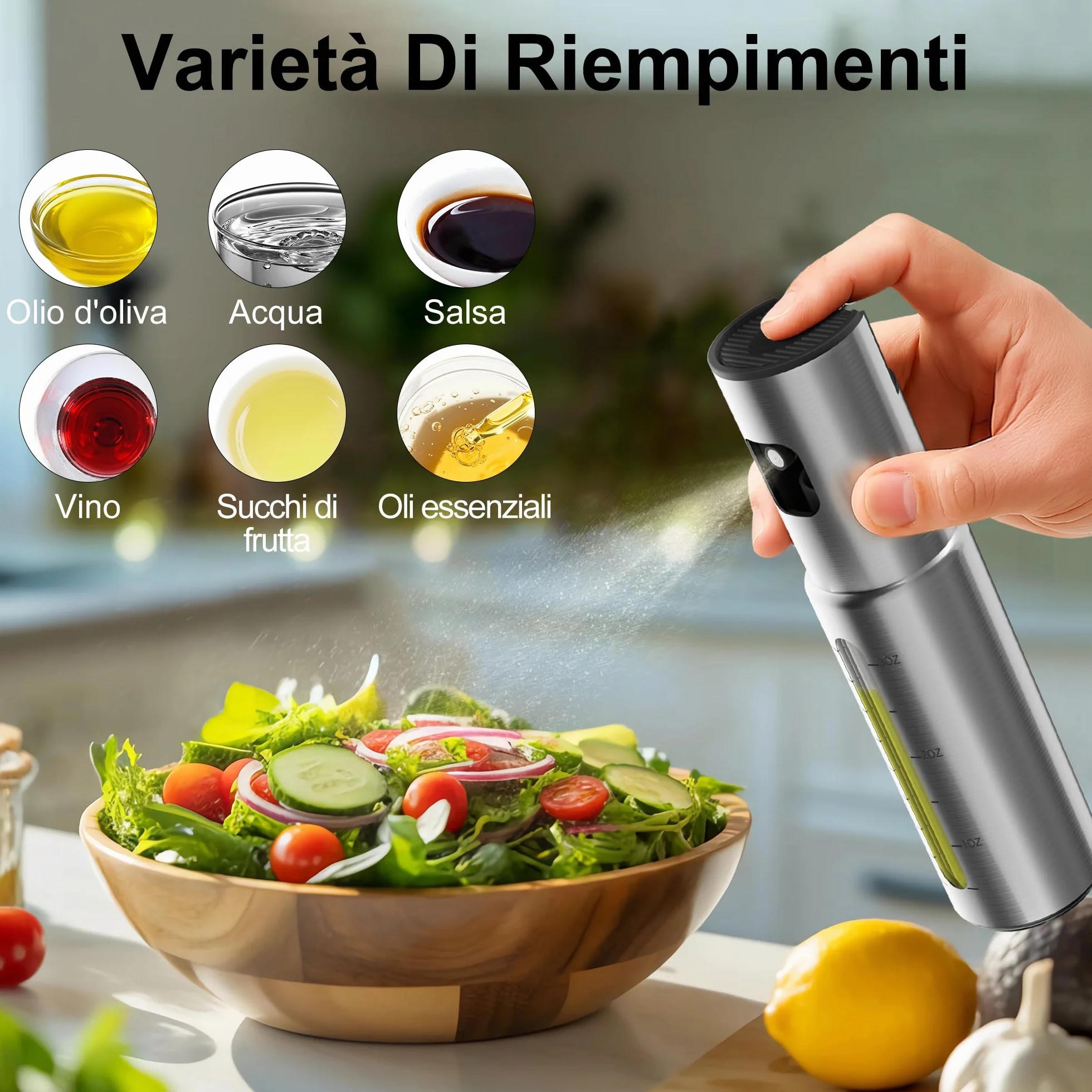 KitchenBoss Spruzzino Olio in Acciaio Inox 100ml per Friggitrice Aria, Spruzzi per Insalate, Grigliate e Fritture