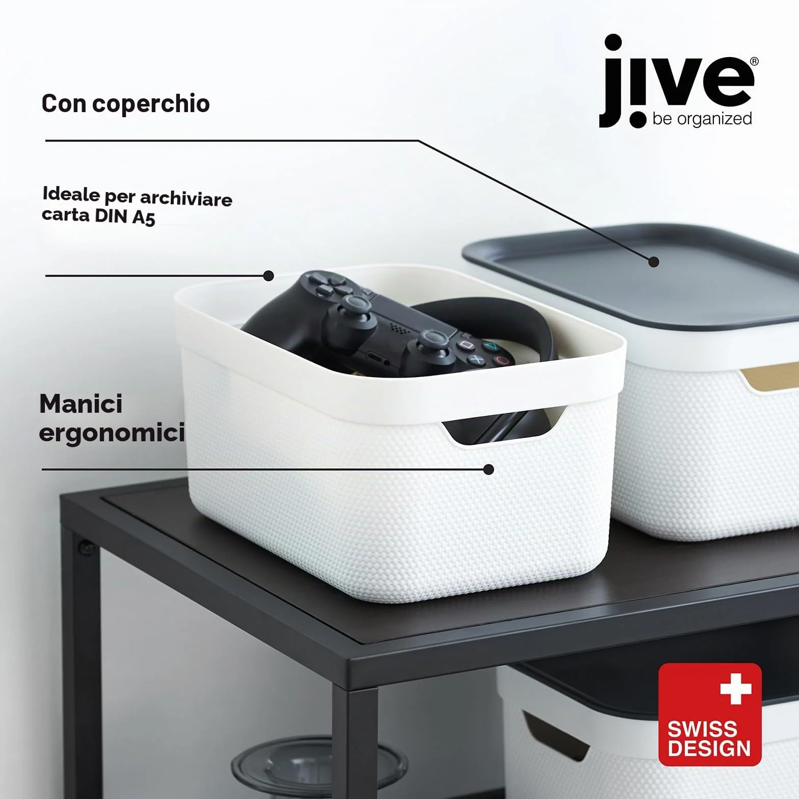 Jive Dekobox Set 3 Scatole Decorative Portaoggetti 5 l Plastica PP Riciclato Nero 26.5 x 18.5 x 13.5 cm