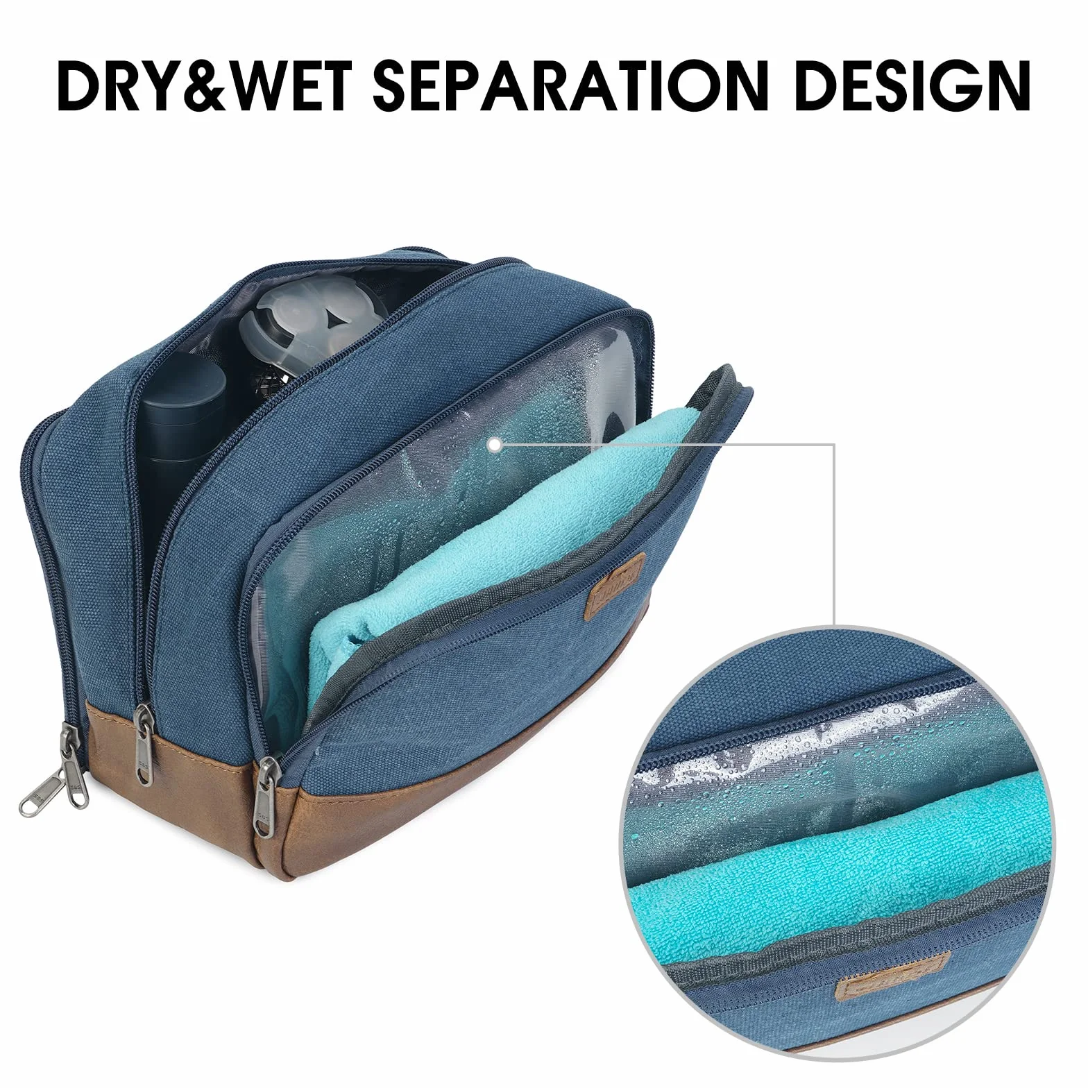 WANDF Beauty Case Uomo da Viaggio – Borsa da Toilette Impermeabile Organizer Capiente per Accessori da Barba e Igiene, con Manico Laterale (Blu)