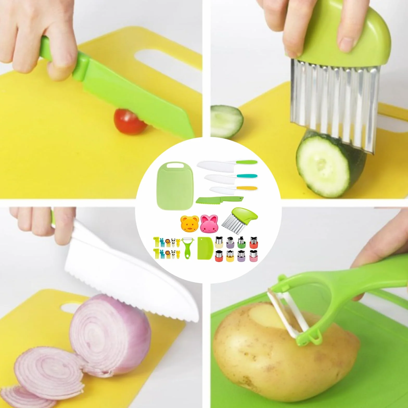Set di coltelli per bambini a partire dai 3 anni, set da 28 coltelli per bambini, coltello da taglio sicuro per bambini, tagliere e pelapatate, ecc. Set da cucina per ragazzi e ragazze
