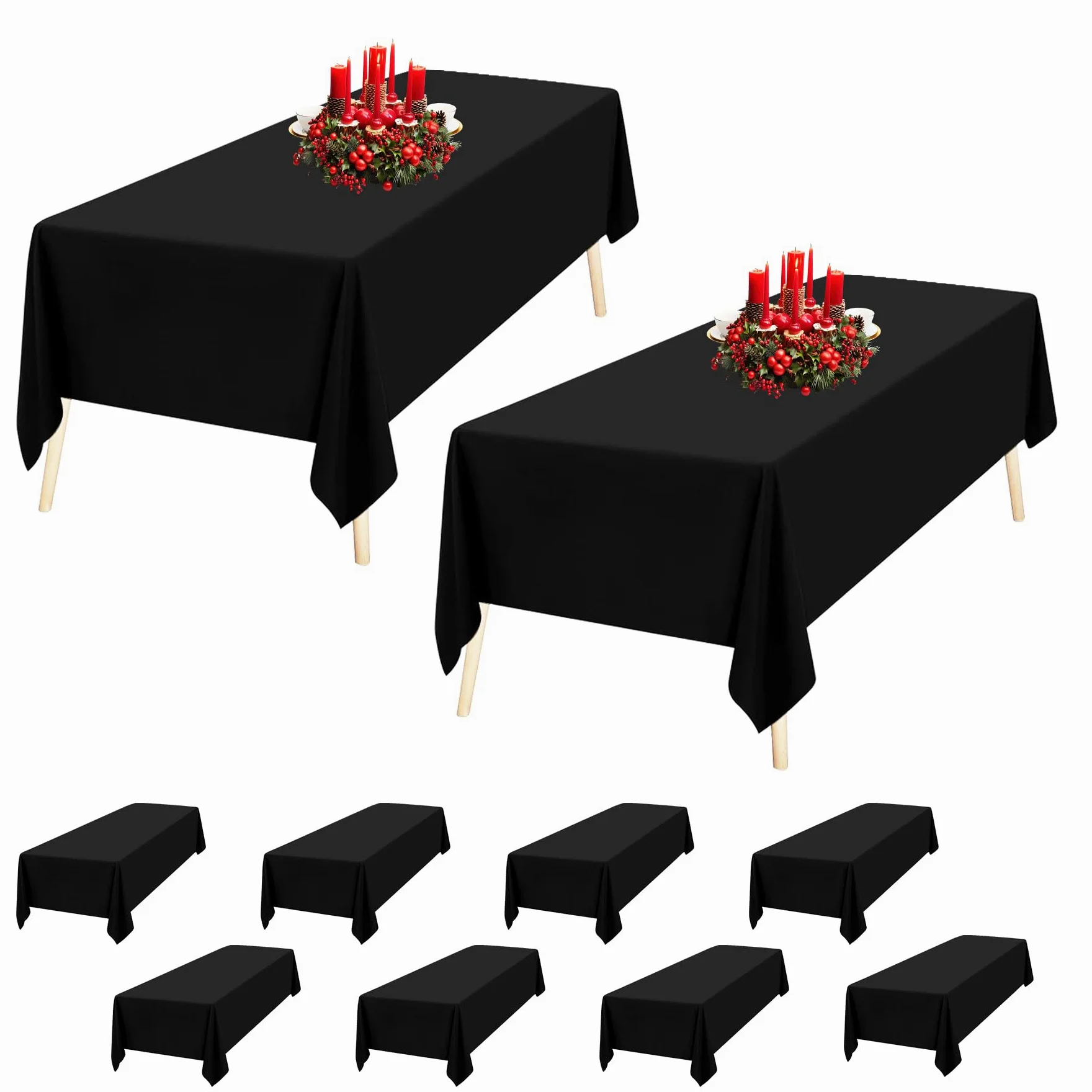 Trimming Shop Tovaglia rettangolare in poliestere nero, 228,6 x 396,2 cm, tovaglia in tessuto lavabile per tavolo da pranzo, banchetti, matrimoni, Natale, compleanni, feste, 10 pezzi