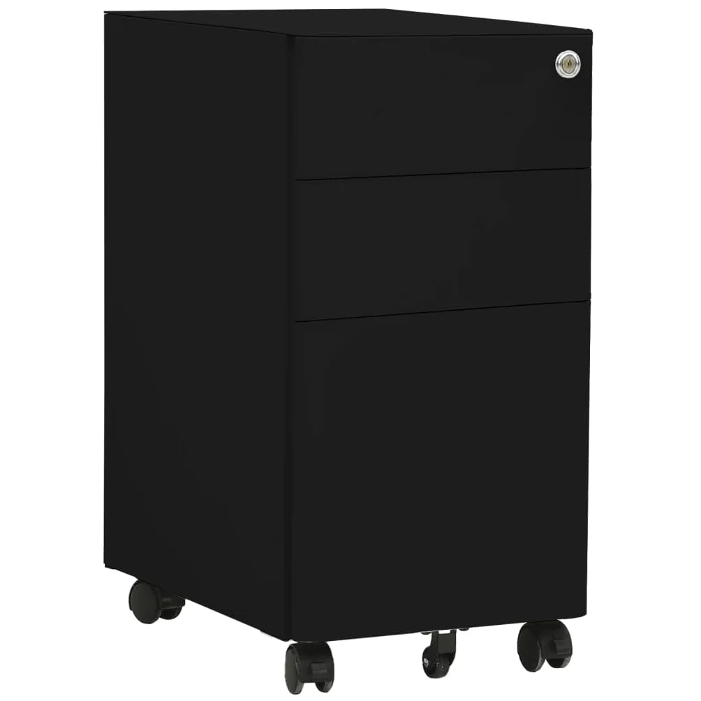 Hothingwell Raccoglitore Mobile Nero 3 Cassetti Acciaio 30x45x59 cm | Con serratura, barre di sospensione rimovibili, portamatita, guide a sfera, sotto scrivania