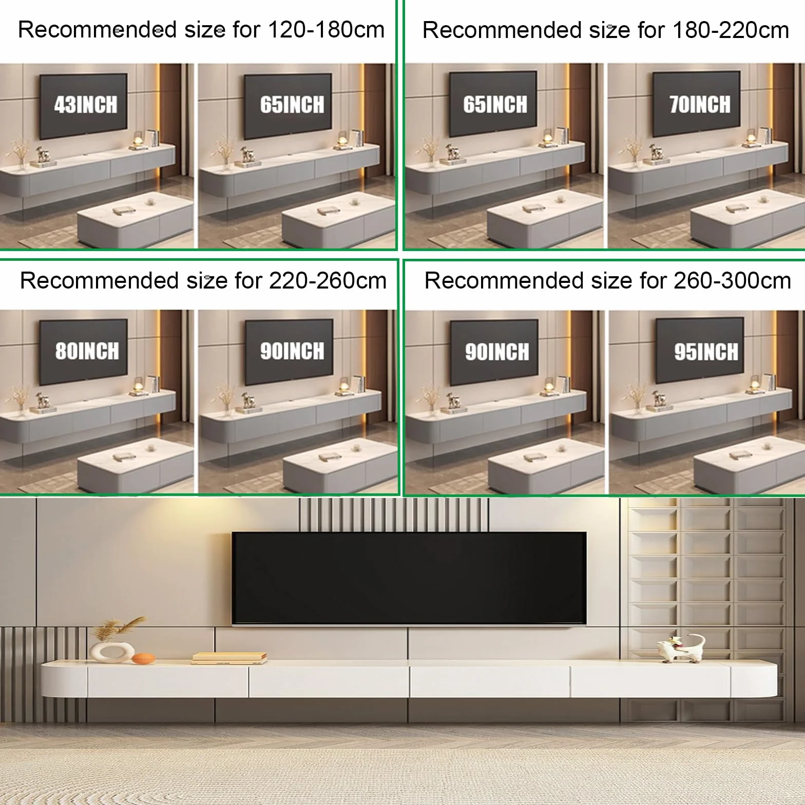 Consola TV galleggiante, mobile TV a parete, banco TV con grande spazio di archiviazione sotto la TV con cassetti, supporto per router (bianco + LED, 120 x 20 x 24 cm)