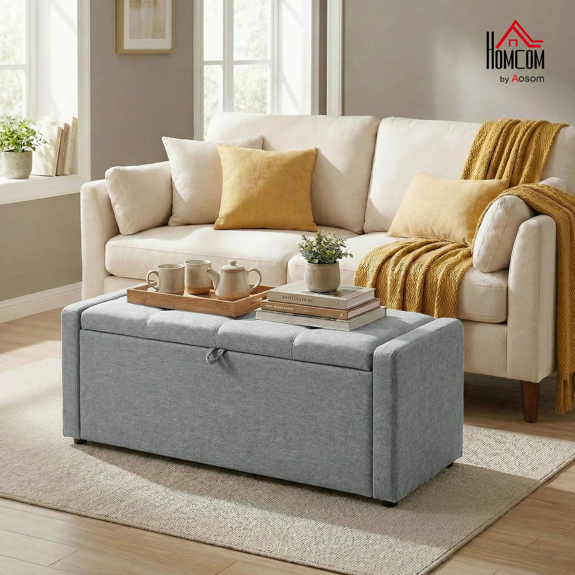 HOMCOM Cassapanca 142L Pouf Contenitore Poggiapiedi Grande 122x48x44cm, Seduta Imbottita 2 Posti, Panca Contenitore Effetto Lino, Struttura in Legno, 200 kg, Camera da Letto, Soggiorno