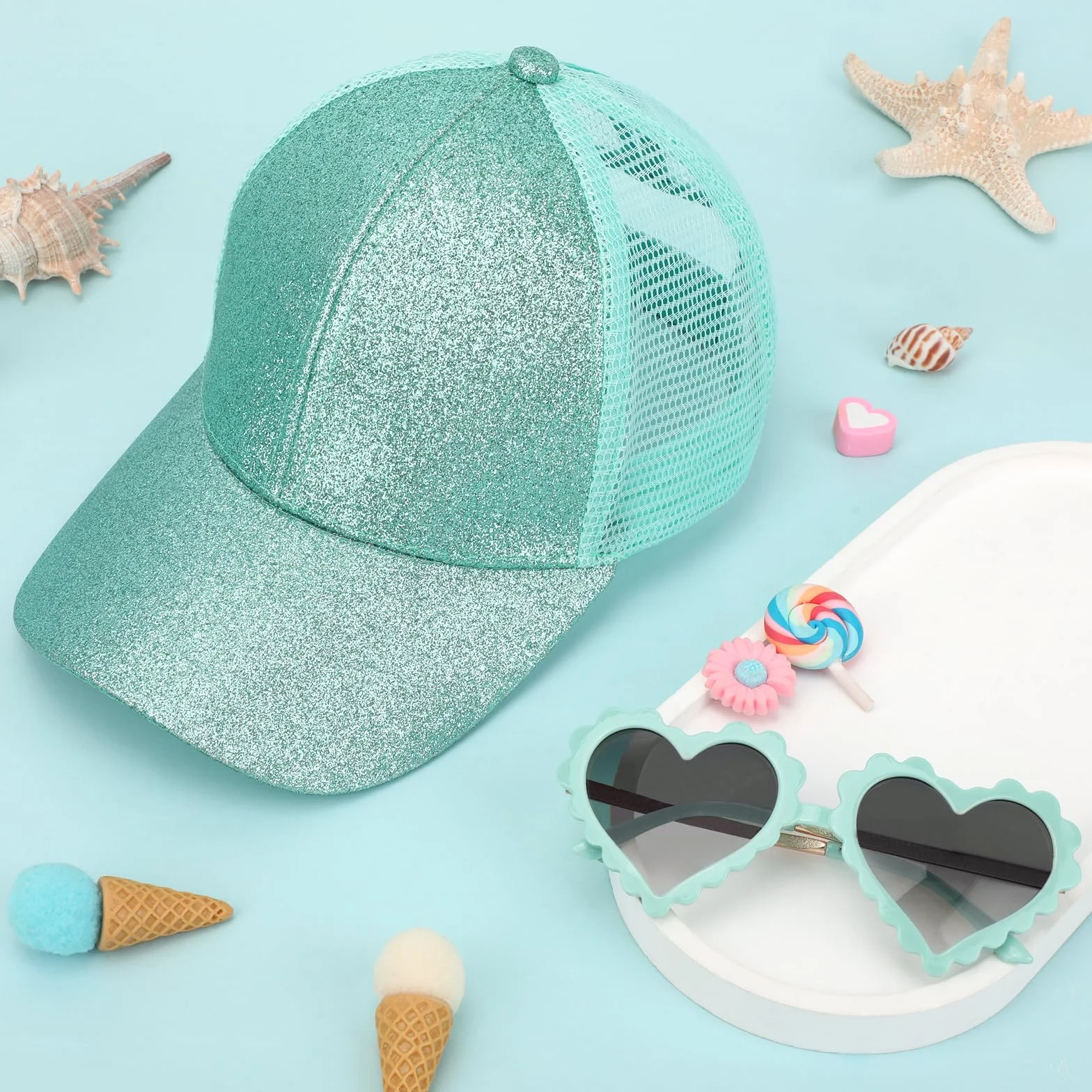 Cappellino da Baseball per Bambina con Coda di Cavallo Glitter e Occhiali da Sole, Cappello da Sole a Rete Regolabile Visiera per Ragazze