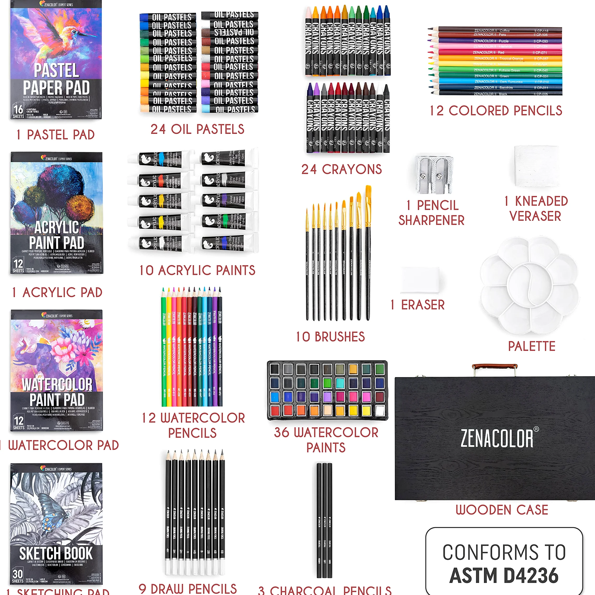Valigetta Professionale Zeanacolor (XXL) - 150 Pezzi per Disegno e Pittura - Set in Legno di Qualità - Pastelli, Colori Acrilici, a Cera e ad Acqua, Matite