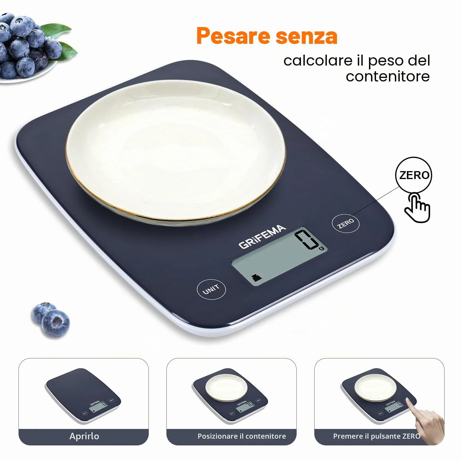 GRIFEMA GA2004 Bilancia da cucina con display LCD, bilancia alimentare multifunzione 5 kg (1 g esatto) per cuocere al forno e cucinare, 2 batterie incluse