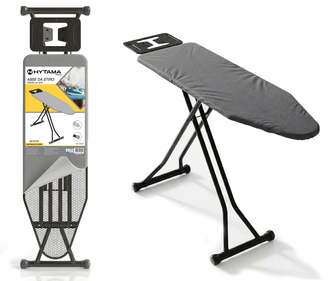 HYTAMA TOOLS Asse da stiro in Acciaio Nero ADA 38x120 con Poggiaferro e Piedini antiscivolo, altezza regolabile 2 posizioni