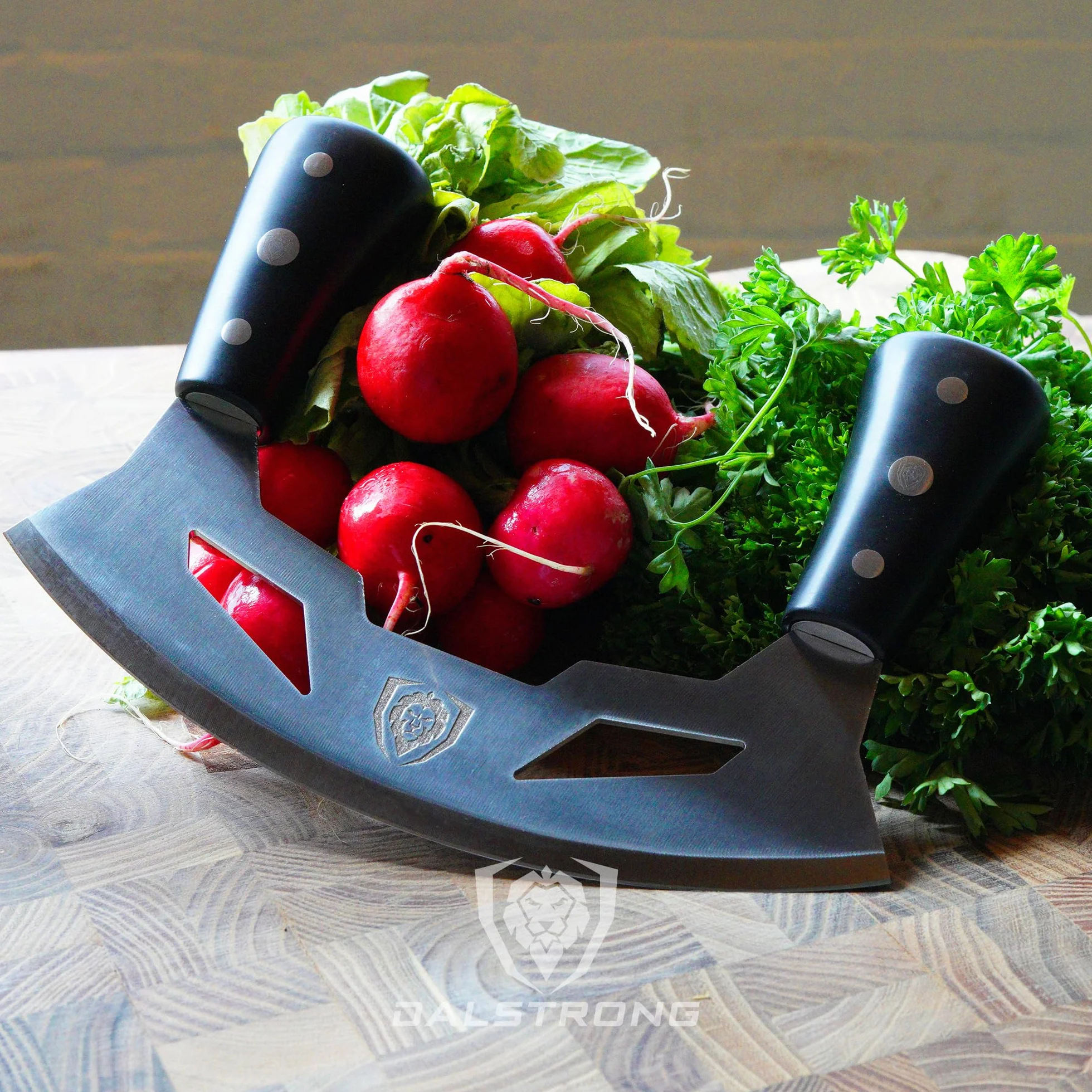 DALSTRONG Mezzaluna Knife - 8.5" Blade - Gladiator Series - Rocking, Mincing & Chopping Produce Knife - Black ABS Handle - w/Sheath