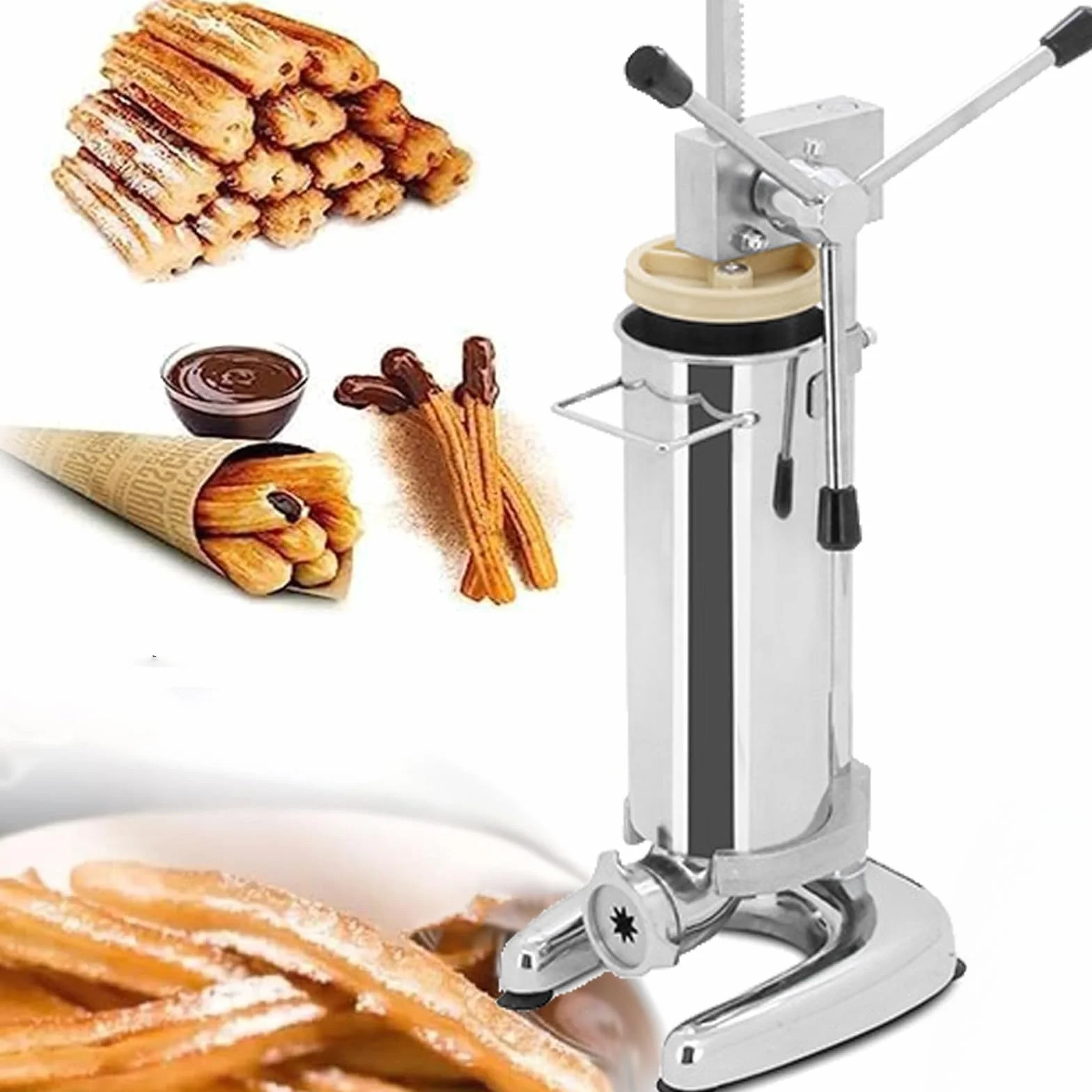 Macchina per Churro Commerciale Manuale per Ciambelle 3L con 5 Stampi, Macchina per Churrera Spagnola Verticale, Macchina per Riempire Churros Attrezzatura per Snack