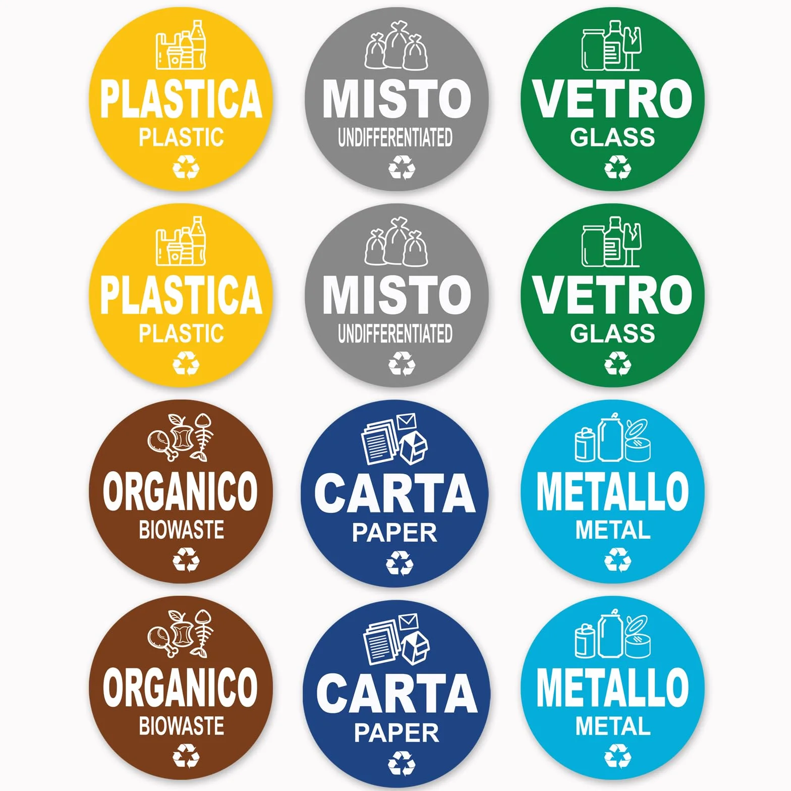 12 Adesivi Raccolta Differenziata Formato 9.5 cm di diametro - Etichette per Contenitori Rifiuti in Italiano e Inglese - Adesivo per Riciclo Lavabile Antigraffio Resistente