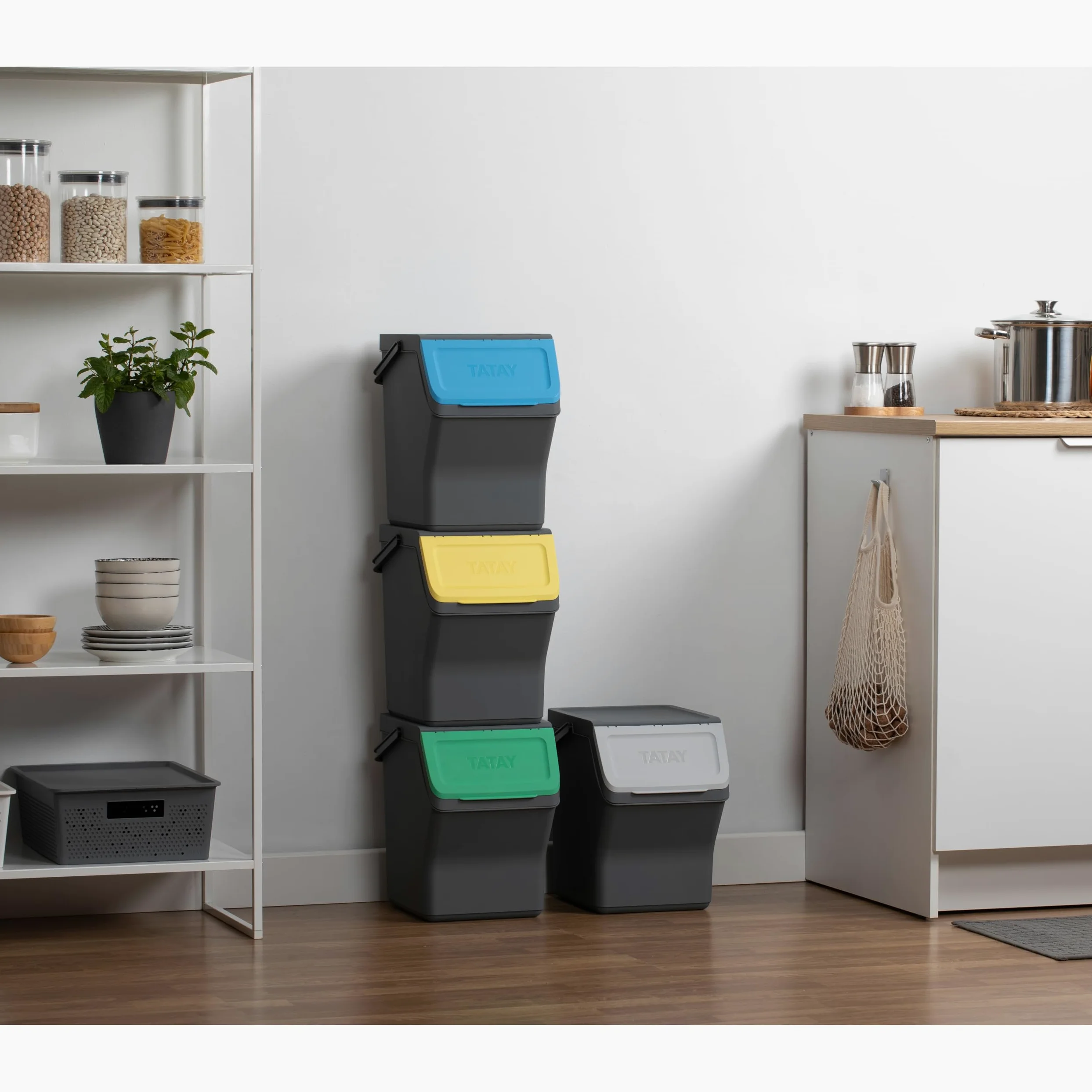 TATAY Contenitori Differenziata Easy Waste 20L | Set da 4 | Design Modulabile e Impilabile | Coperchio con Sistema Click | Manico Integrato per il Trasporto | Materiale Riciclato | 35x27x36cm, Grigio