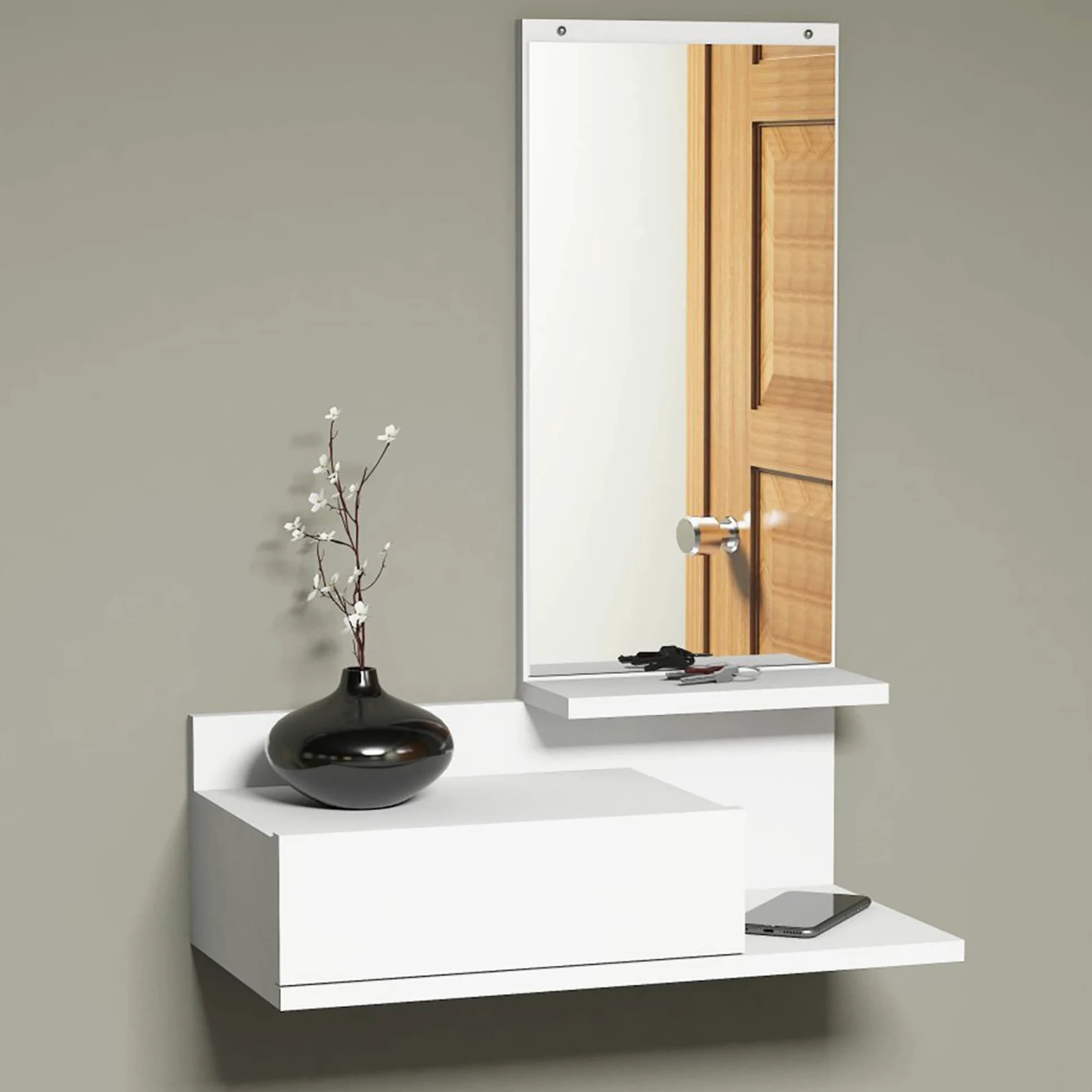 [en.casa] Mensola da Parete con Cassetto e Specchio (A x L x P) 80 x 60 x 30 cm Mobile da Ingresso - Bianco