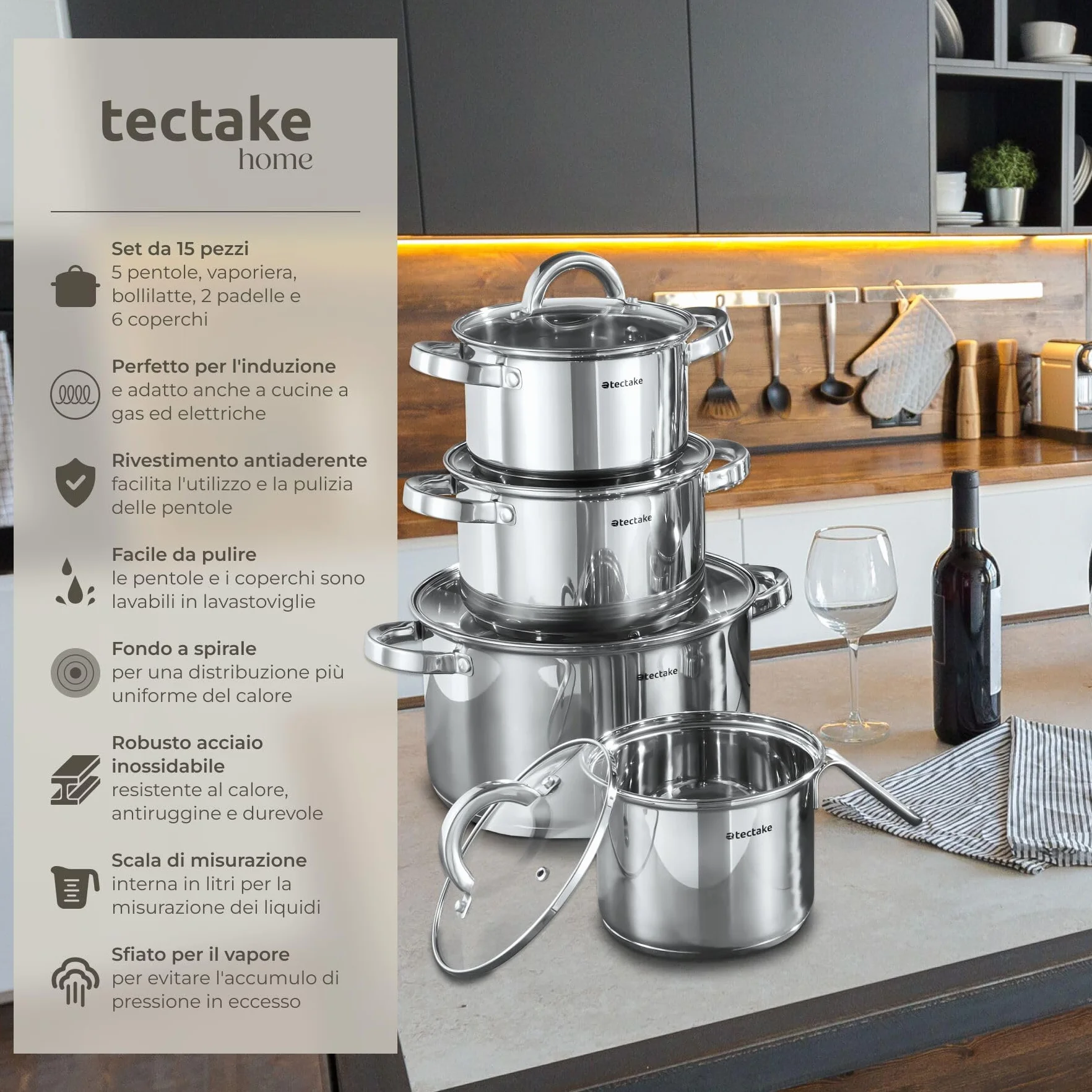 Tectake Set di Pentole 15 Pezzi Acciaio Inossidabile Induzione Gas Elettrico Antiaderenti Lavastoviglie