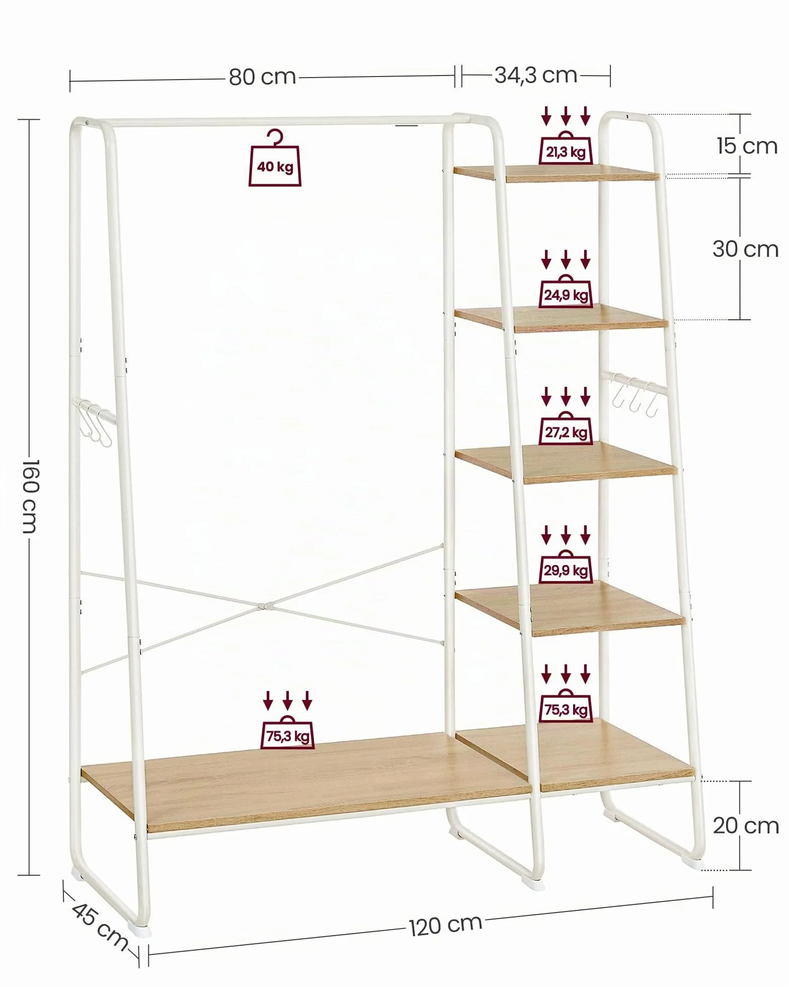 VASAGLE Appendiabiti da Terra con Scarpiera, 5 Ripiani, 6 Ganci Laterali, Rovere e Bianco Opaco RGR116W09