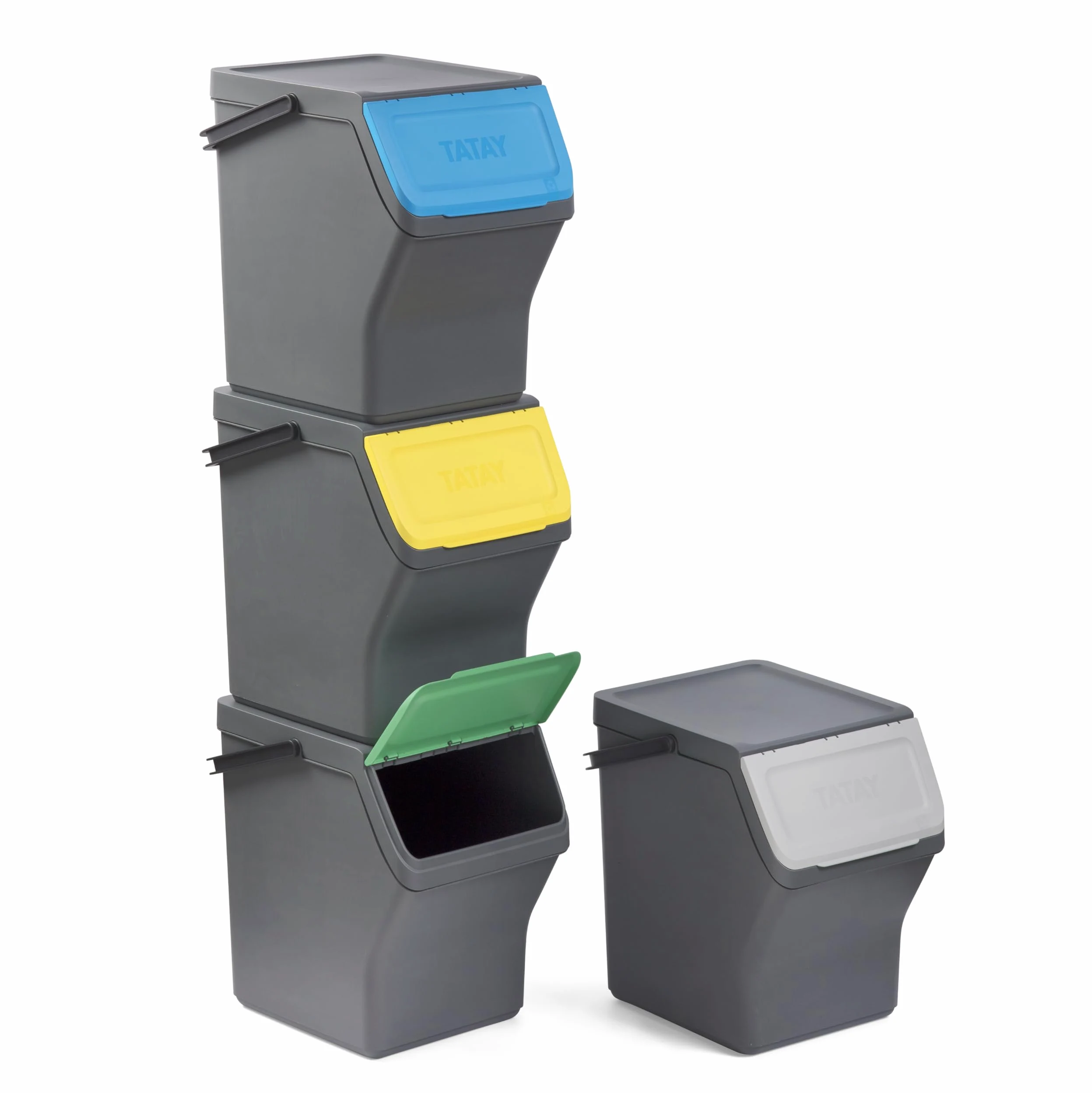 TATAY Contenitori Differenziata Easy Waste 20L | Set da 4 | Design Modulabile e Impilabile | Coperchio con Sistema Click | Manico Integrato per il Trasporto | Materiale Riciclato | 35x27x36cm, Grigio