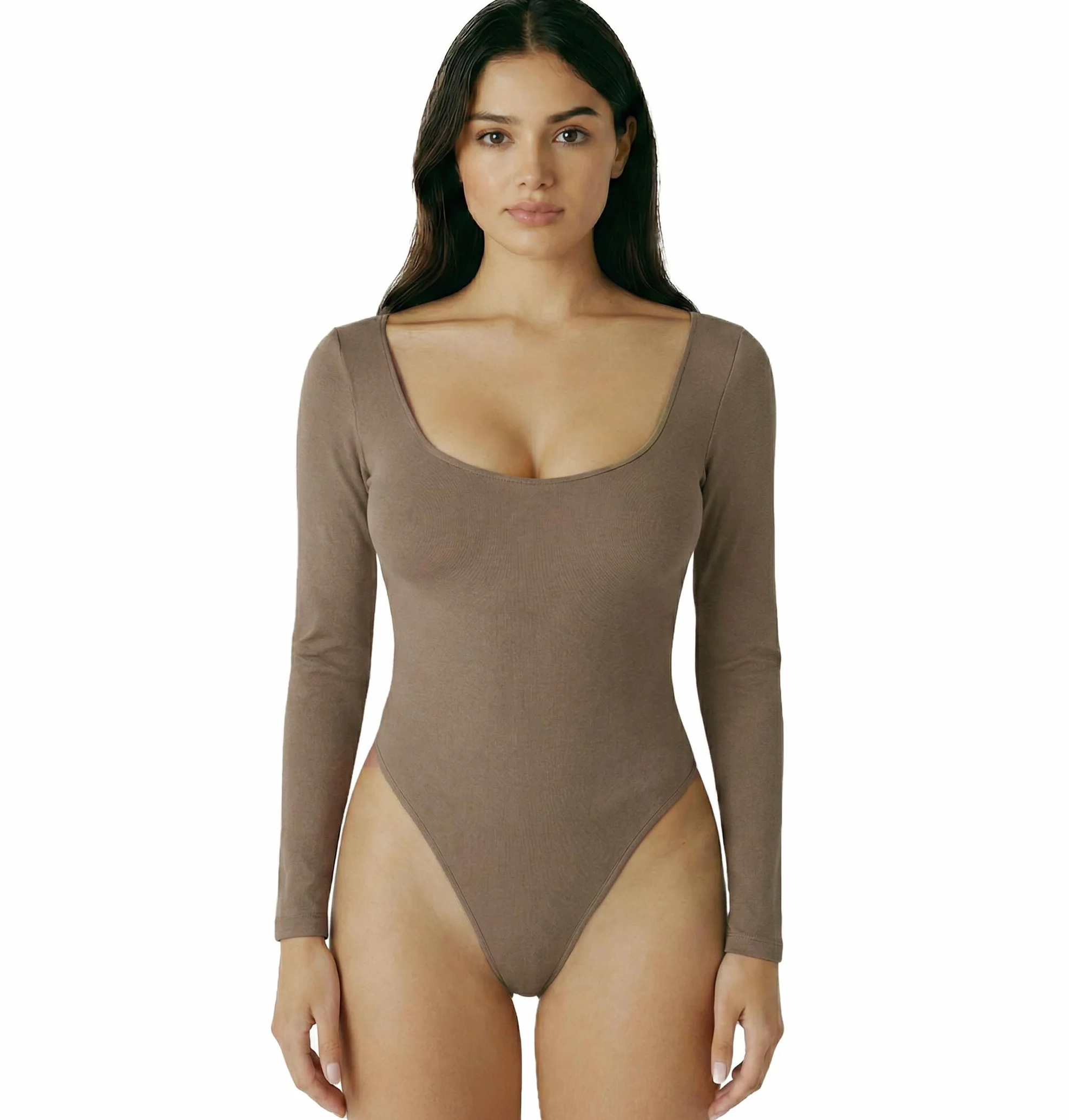 Body Donna in Cotone Maniche Lunghe Scollo Profondo Tinta Unita Aderente Elegante Sexy Elasticizzato