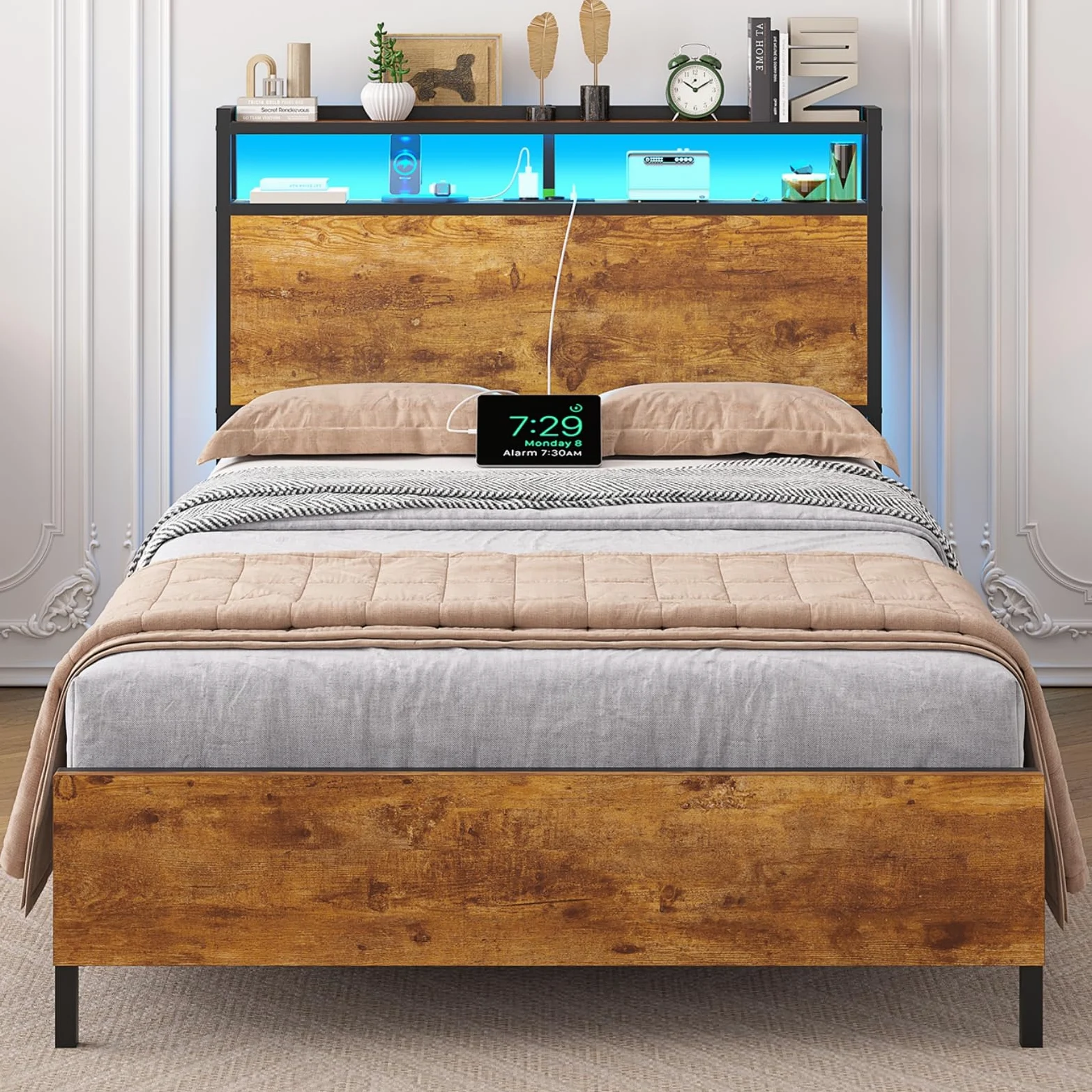 Brinlawb Struttura Letto Singolo 90x200 cm con Luce LED e Stazione di Ricarica (2 Prese CA, 2 Porte USB) Struttura Letto 90x200 cm con struttura in metallo, Facile da montare, Moderno, Marrone