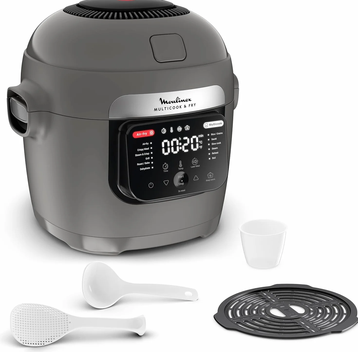 Moulinex Multicook & Fry MZ730BF0 Multicooker e friggitrice ad aria, 12 programmi, cottura 2 piani, 6 L, grigio