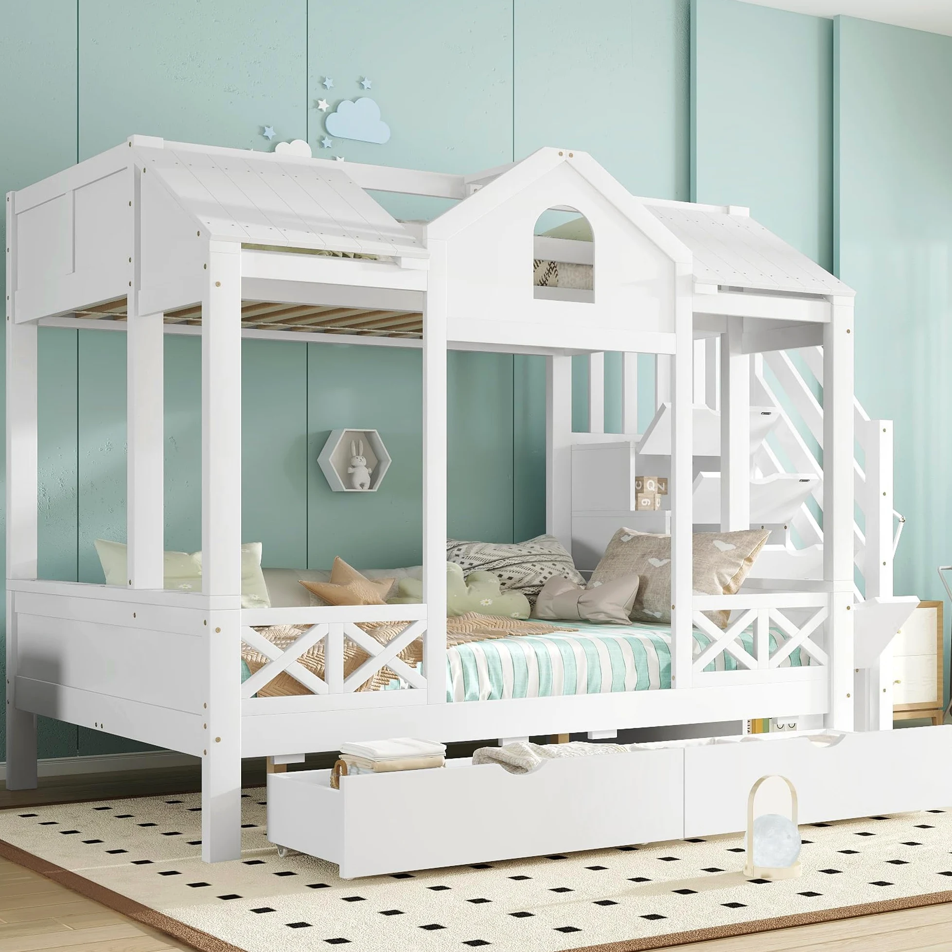 Letto a Castello per Bambini 90x200cm e 140x200cm, Letto Matrimoniale con Scala Contenitore e 2 Cassetti, Belle Finestre e Tetto, Strutture letto in Pino, Bianco(Senza materasso)