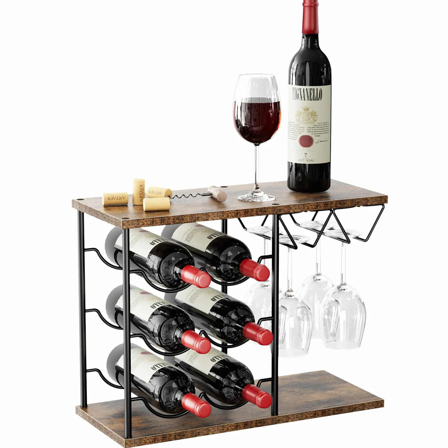 Nuovoware Portabottiglie da Tavolo per 6 Bottiglie 4 Bicchieri, Organizer Vino in Metallo e Legno