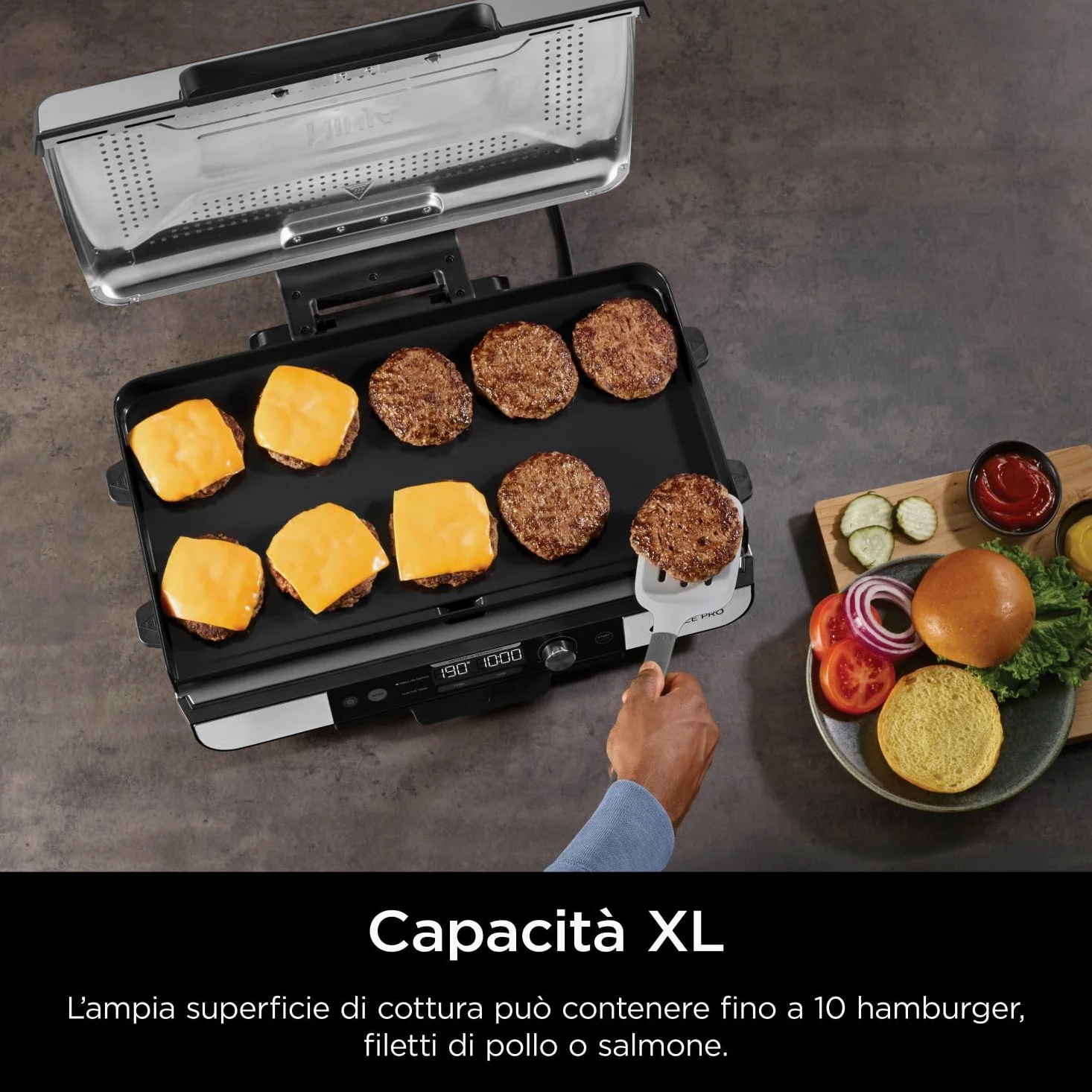Ninja Sizzle Pro XL Griglia e piastra liscia da interni, rivestimento antiaderente in ceramica, coperchio rimovibile, vassoio raccogli-grasso, ricettario, argento/nero GX101EU
