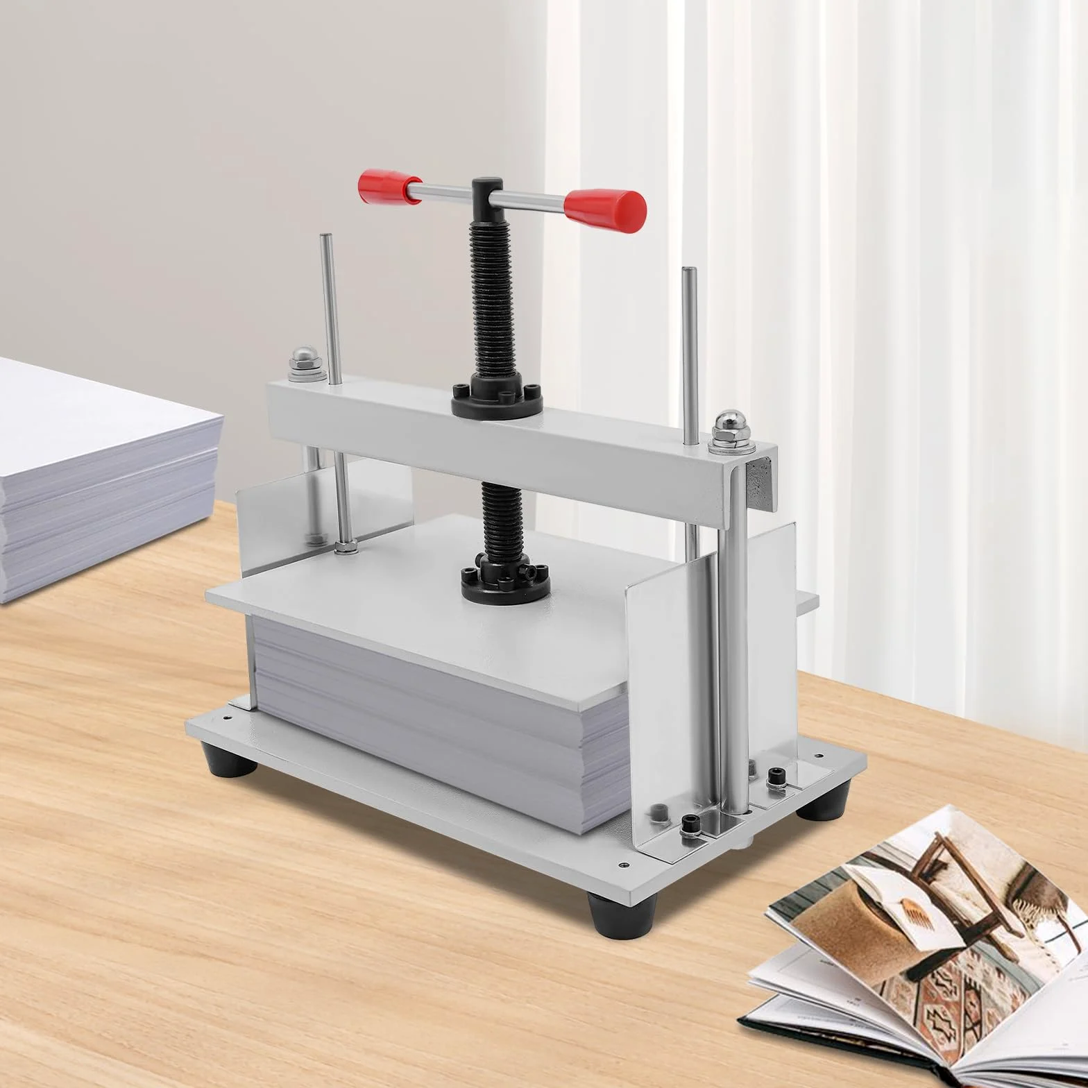 Pressa per rilegatura manuale, formato A4, 1,5T, per bricchette, 3 deflettori rimovibili, pressa piatta per documenti, fatture, libri, documenti di esame, bianco