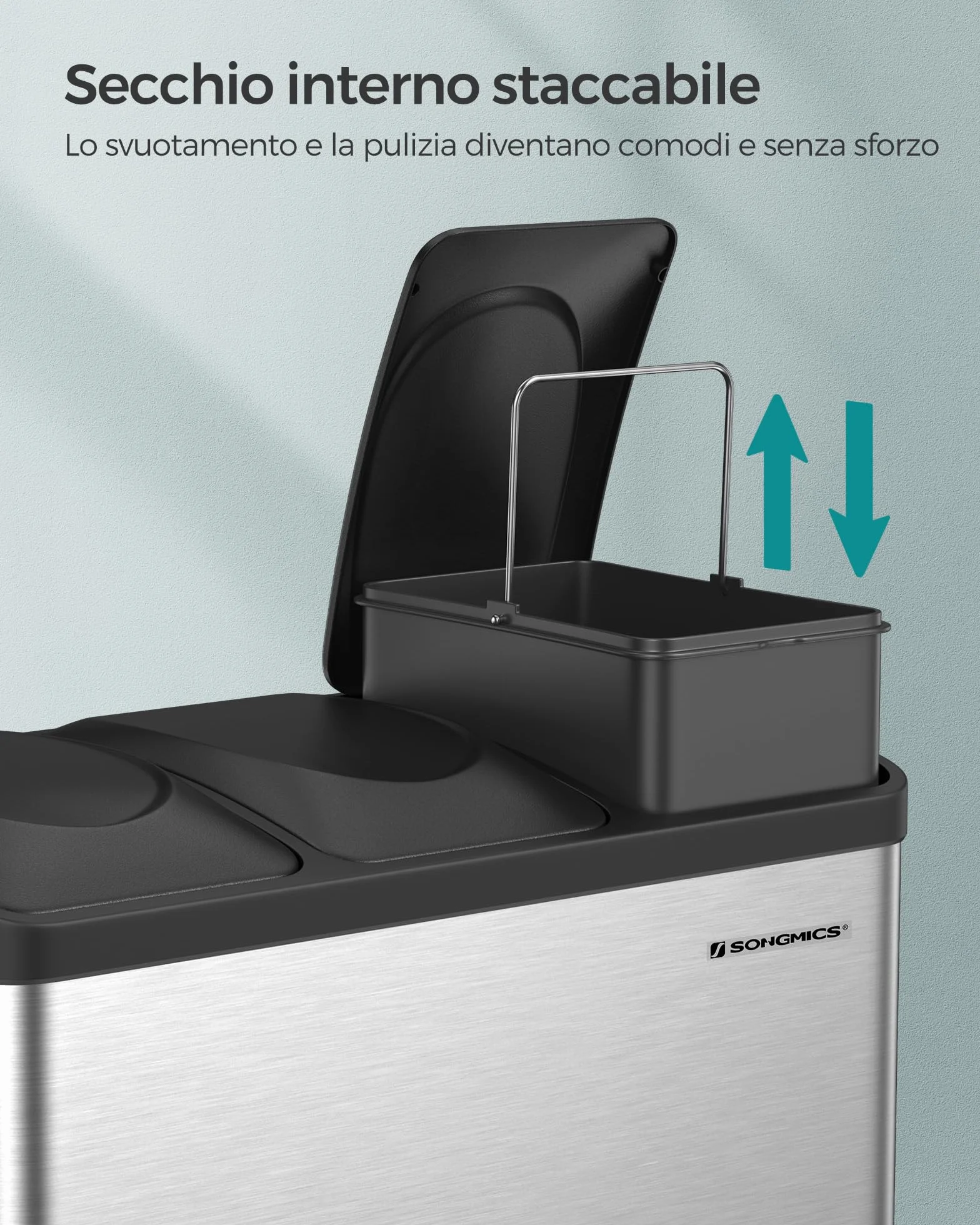 SONGMICS Cestino da Cucina, Pattumiera Tripla per Riciclaggio a Pedale, Metallico da 45 Litri, Raccolta Differenziata, 3 x 15L, con Coperchio, Acciaio, Argento Metallico e Nero Inchiostro LTB45L