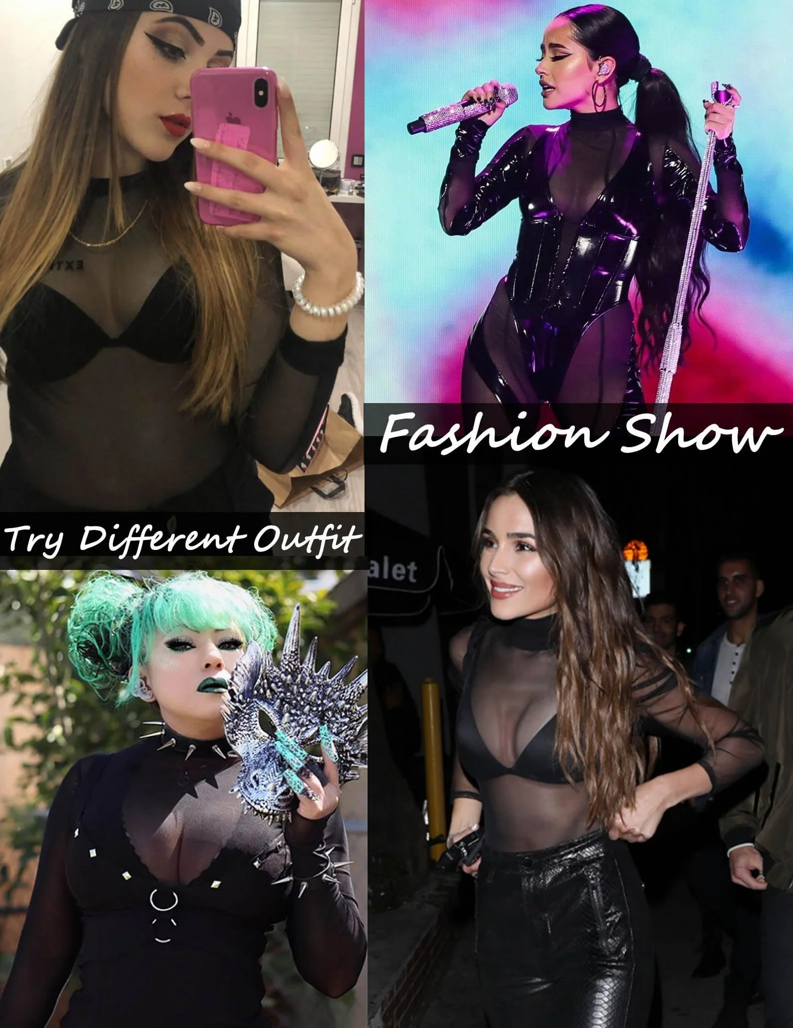 Avidlove Body Donna a Collo Alto Top in Rete a Maniche Lunghe Abbigliamento da Club e Party T-shirt Casual Stile Y2K Outfit da Festival e Rave
