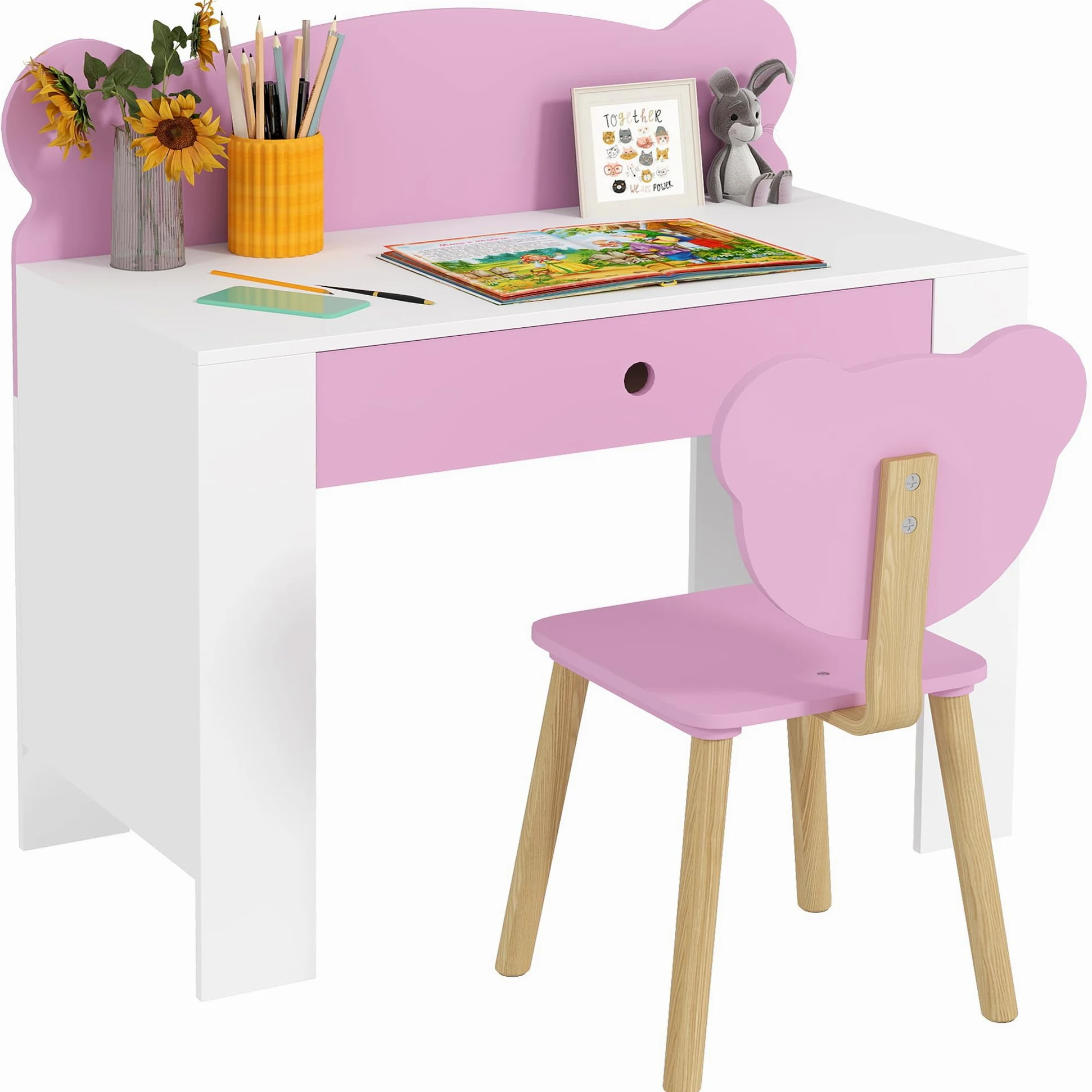 AIYAPLAY Set Scrivania per Bambini con Sedia, Tavolo da Studio con Cassetto, Schienale a Forma di Orsetto, Età 3-8 Anni, Rosa