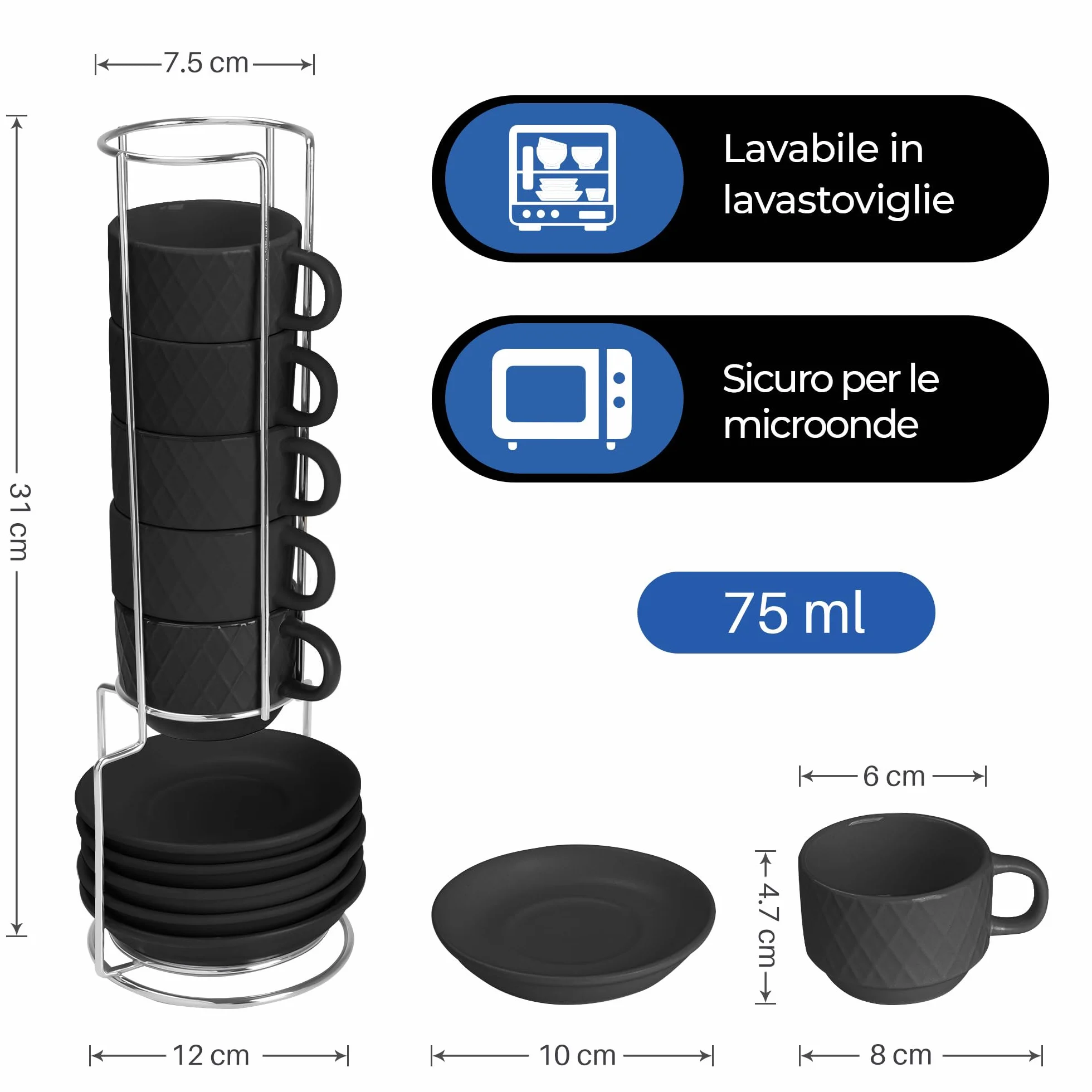 Set di 6 tazze da caffè espresso in ceramica 75 ml con motivo a diamante Palmanova Nero