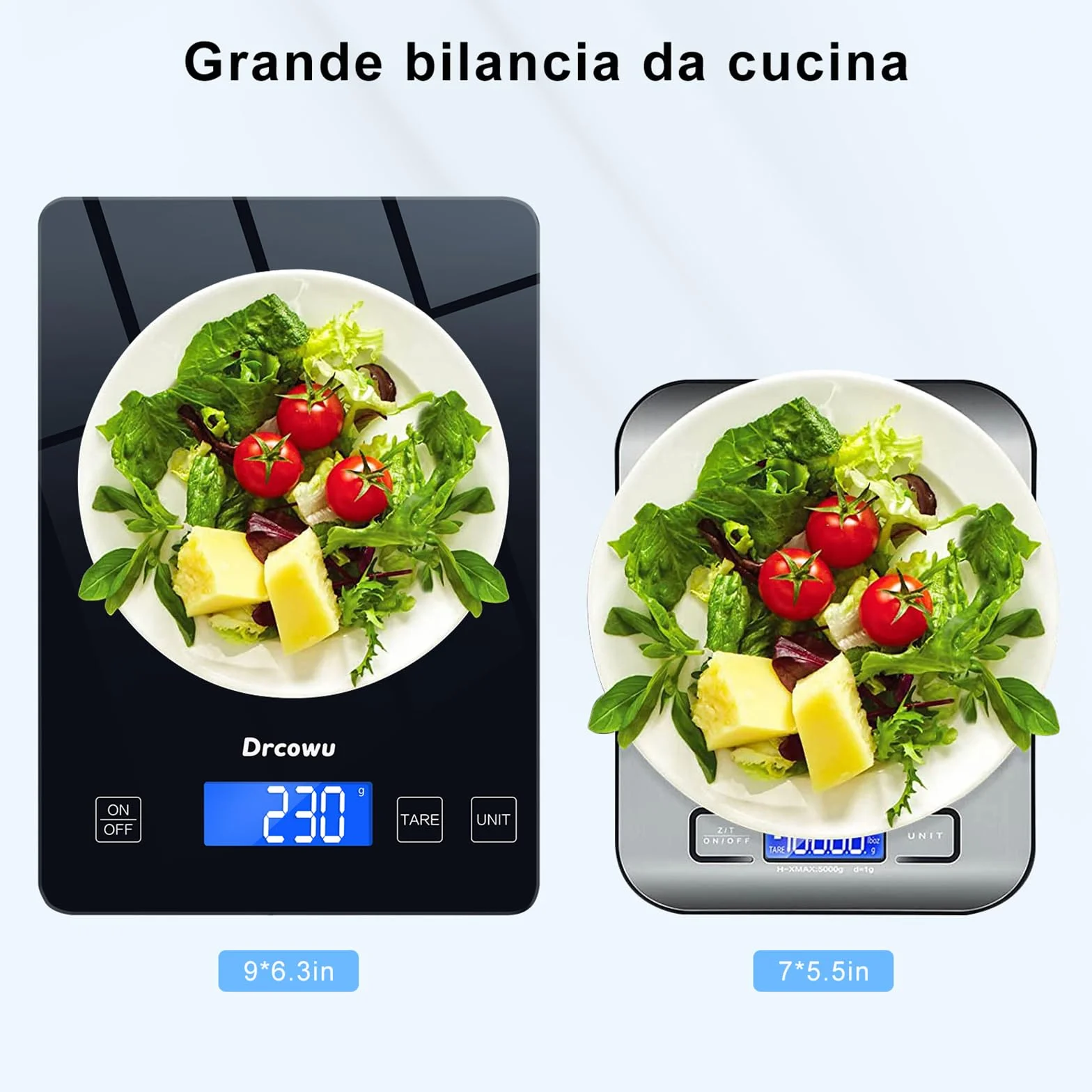 Bilancia da Cucina, Bilancia Cucina Digitale 15kg, alta Precisione 1 g Pesa Alimenti, Funzione Tare, Grande Display LCD, Bilance impermeabile Varie Unità in Grammi e Once, Pulsante touch