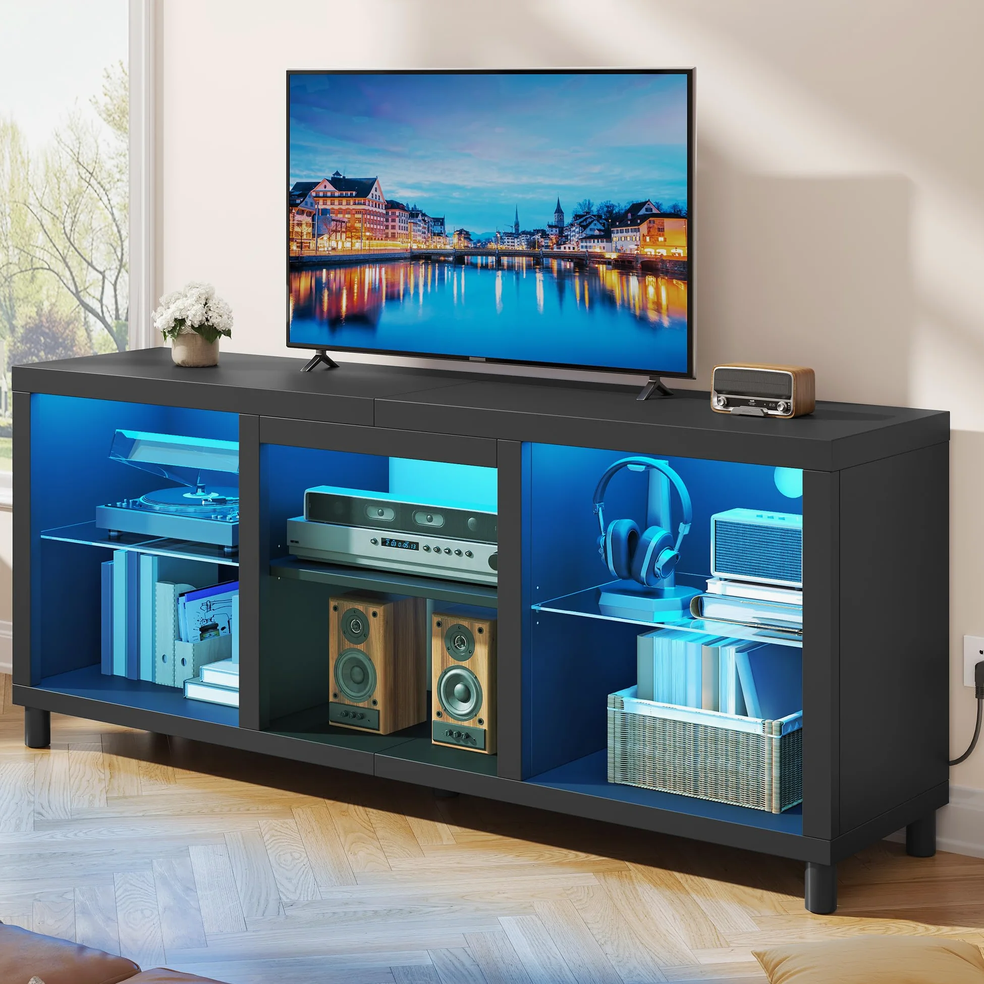 YITAHOME Mobile Porta TV con Luci, 148cm Mobile TV per TV da 65 pollici e piccoli televisori con luci LED RGB & ripiani in vetro regolabili per soggiorno, camera da letto (Nero)