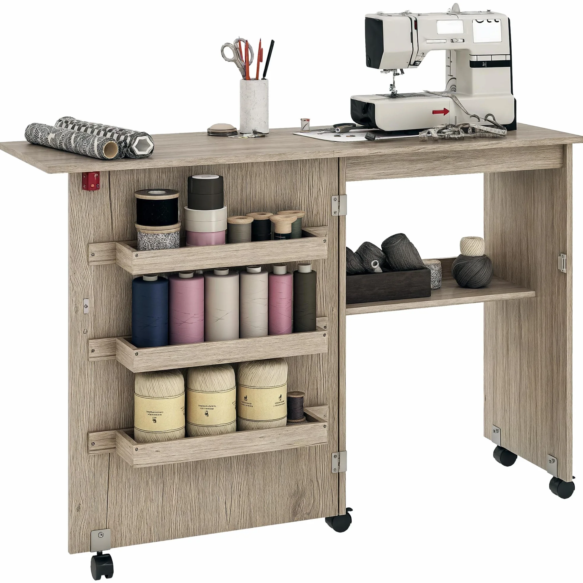 HOMCOM Tavolo da cucito pieghevole, mobile da cucito con cassetti portaoggetti, ripiano aperto e ruote, mobile per macchina da cucire, per soggiorno, ufficio, 117 x 40 x 77,5 cm, effetto legno grigio