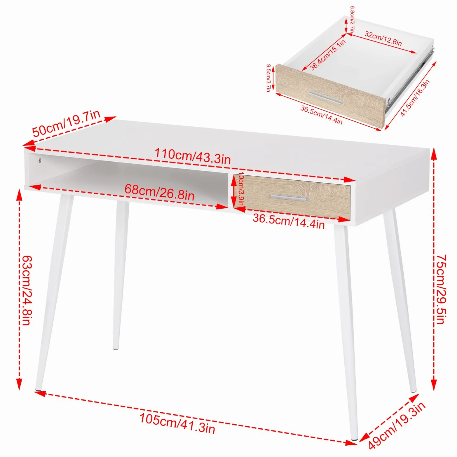 WOLTU Scrivania Bianca, Tavolo PC | con Cassetto e Ripiano, per Studio/Camera, 110x50x75 cm, Struttura Acciaio + Piano Legno