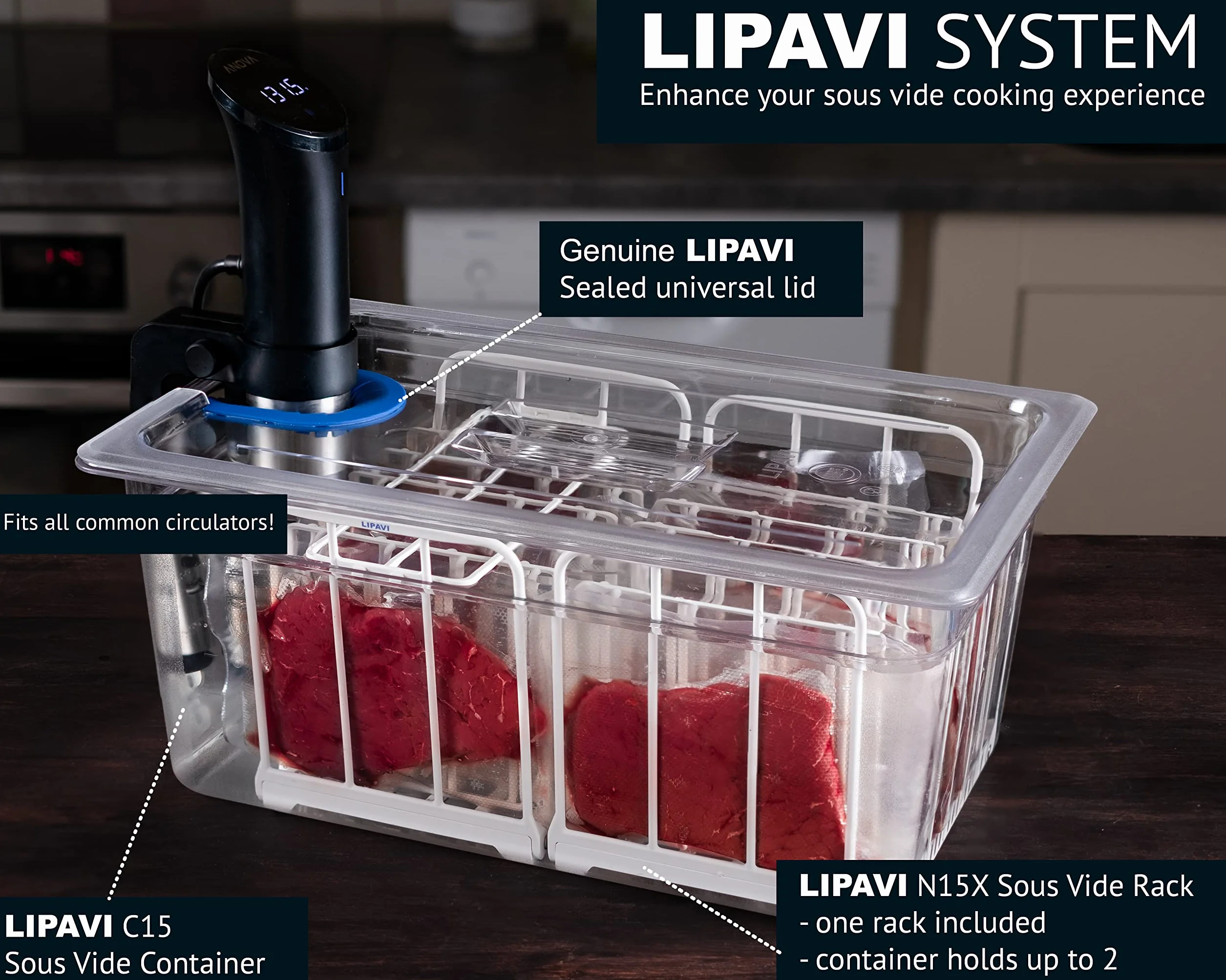 LIPAVI Sous Vide System Coperchio Contenitore Cornice Policarbonato Multi-Fit Bagnomaria 18L ⌀70mm