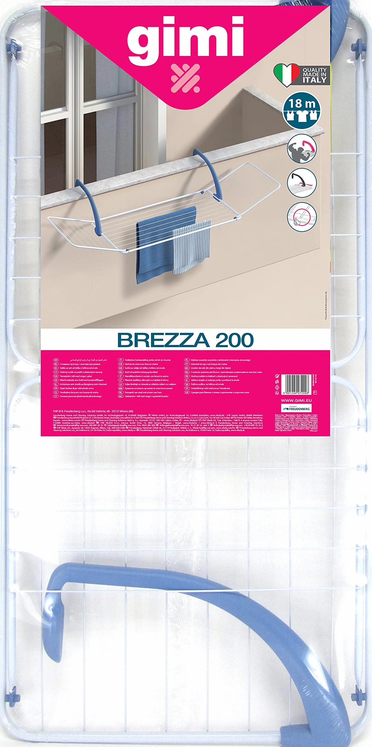 GIMI Brezza 200, Stendibiancheria Estensibile da Balcone, in Acciaio e Resina, Con ali resistenti e ripiegabili, fino a 18 m di stenditura, Manici robusti, dimensioni 180x55x28 cm
