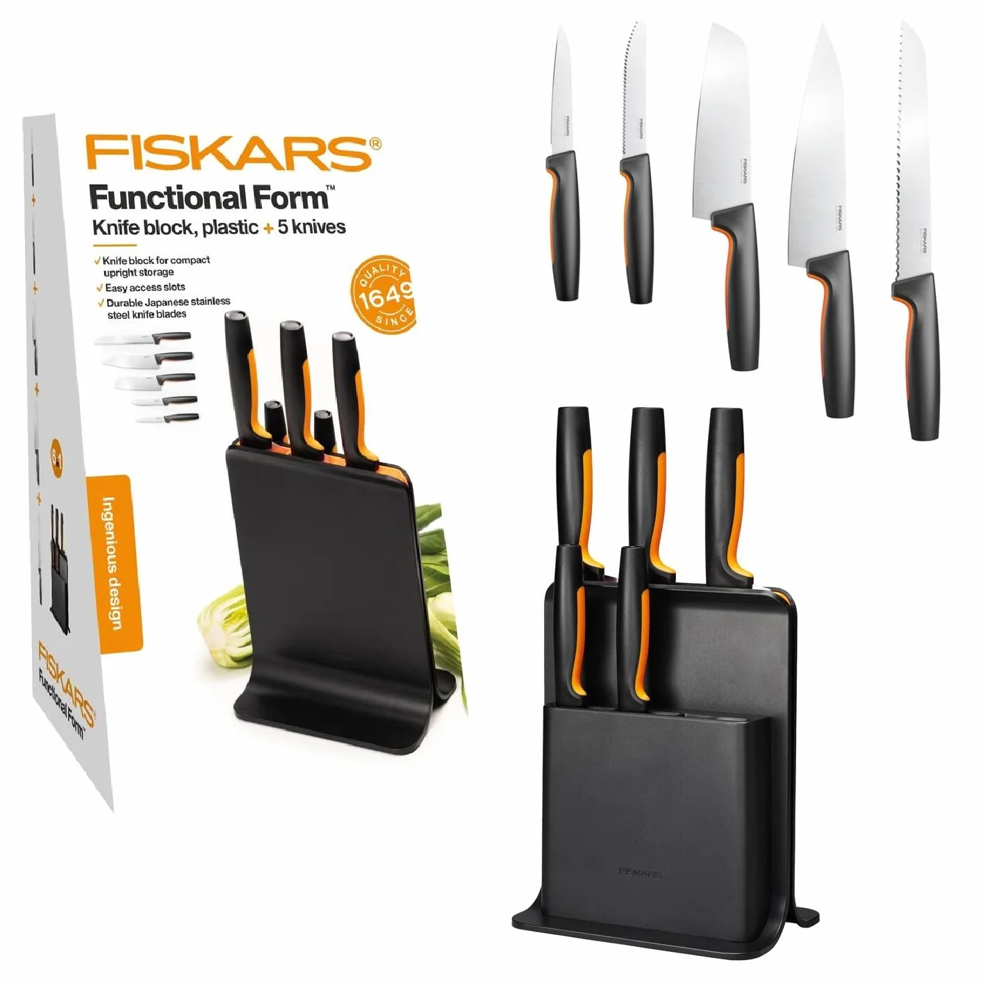 Fiskars Ceppo per Coltelli di Design con 5 Coltelli, Functional Form, Incl. Spelucchino, Coltello per Pomodoro, Coltello Santoku, Coltello da Cucina e per Pane, Plastica, Nero, 1057554