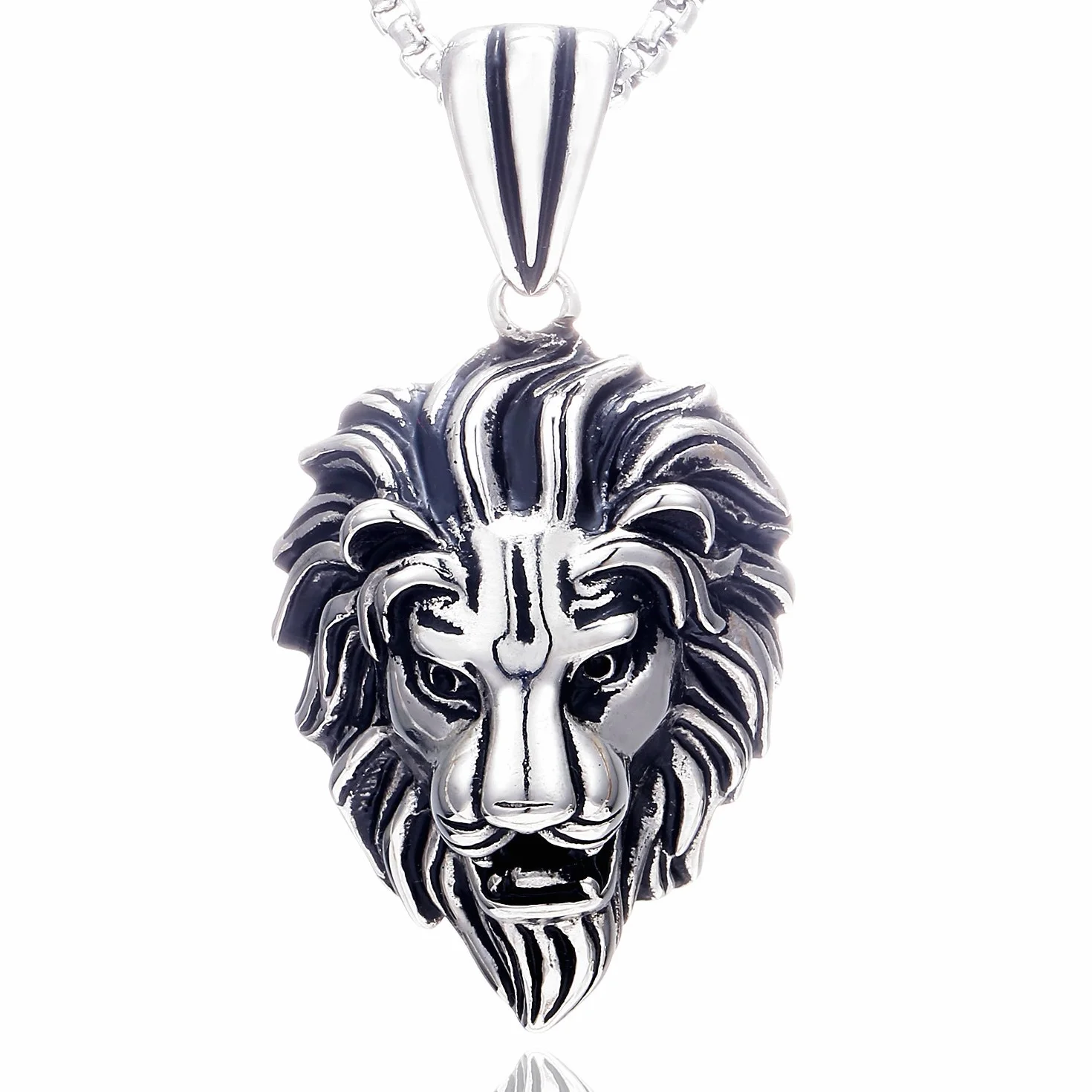 Collana da uomo in pelle acciaio inox con ciondolo leone argento