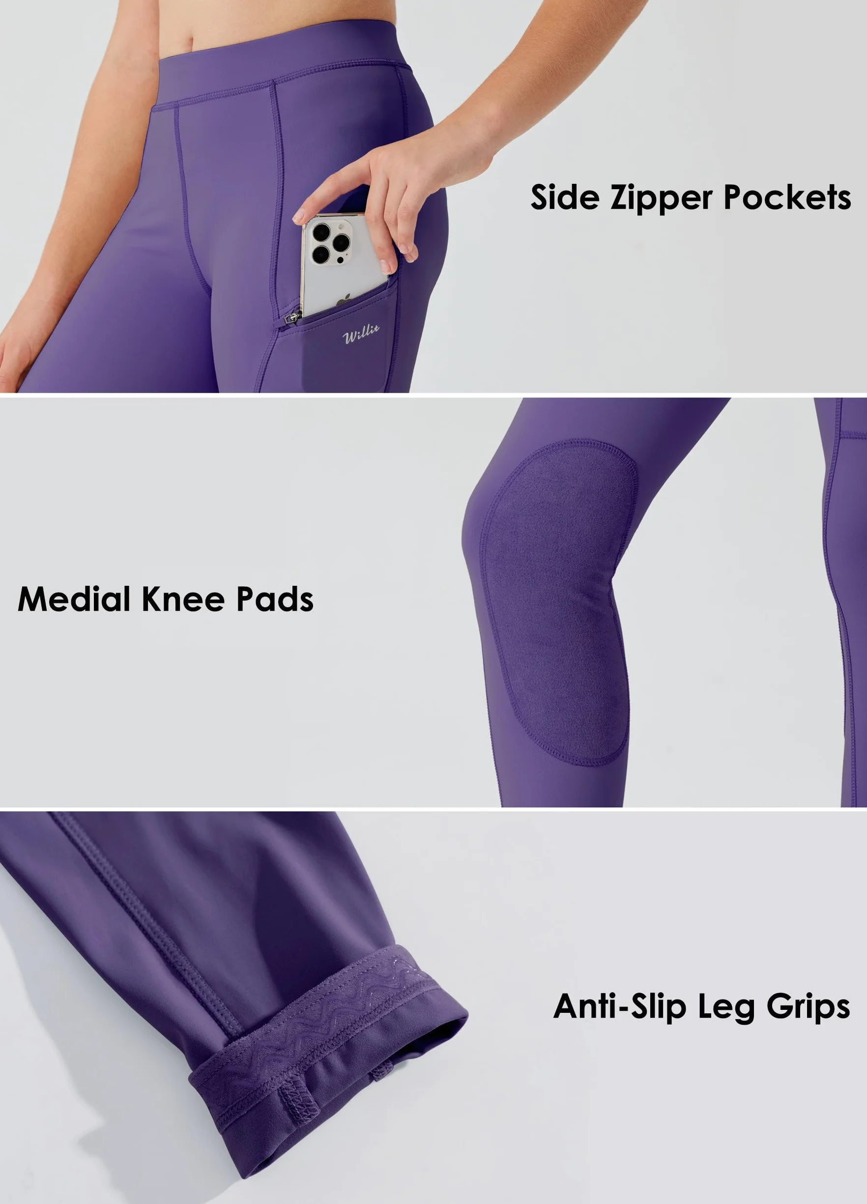 WILLIT Pantaloni da equitazione per bambini, inserti al ginocchio, estivi, traspiranti, elastici con tasche
