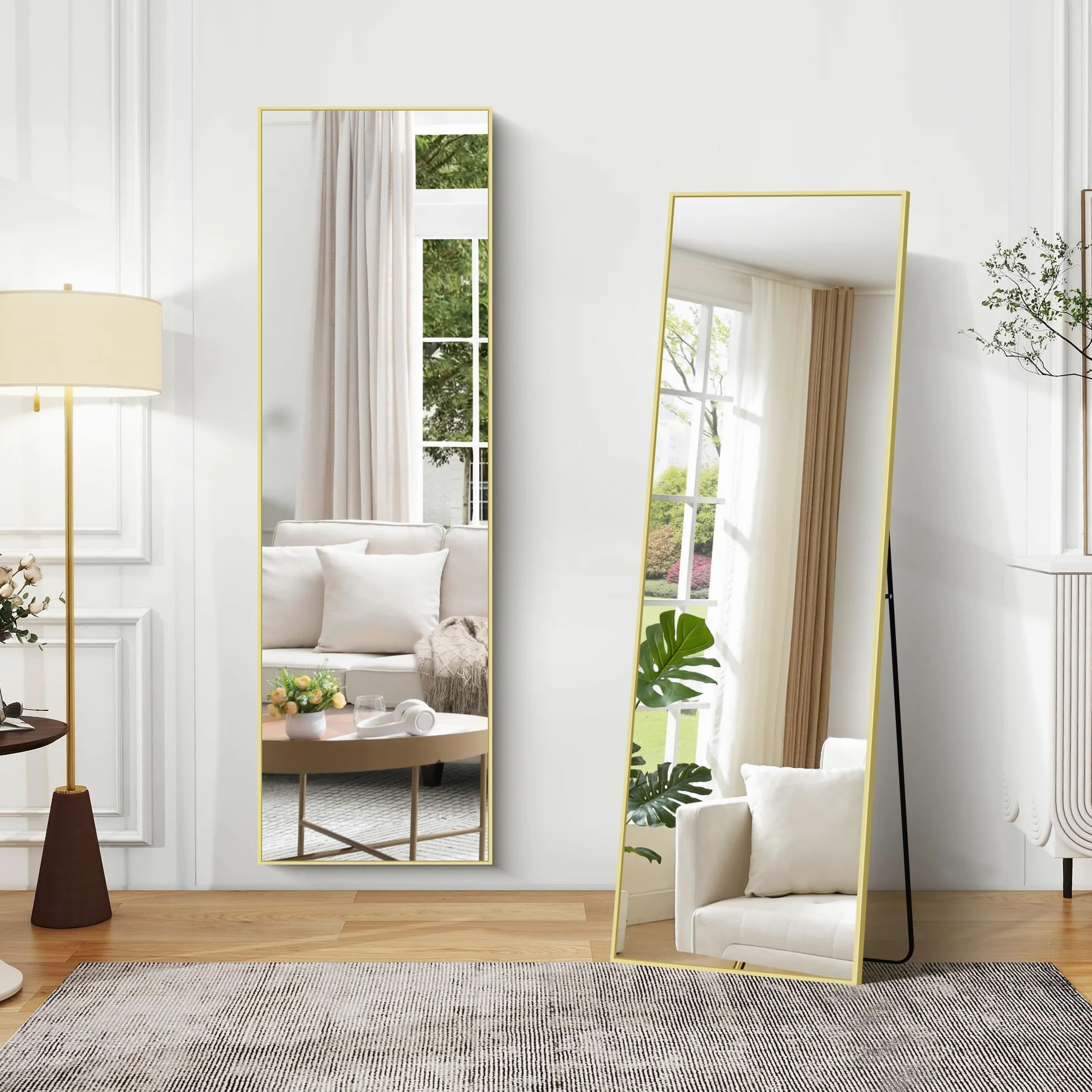 COFENY Specchio da Terra, 147 x 44 cm Specchio da Parete Grande con Cornice in Alluminio, Specchio da Terra da Appoggiare o Appendere per Soggiorno, Camera da letto, Soggiorno, Ingresso, Oro